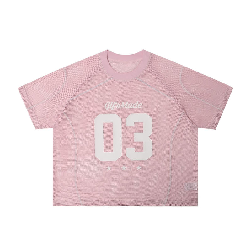 Pink mesh jersey tee with oversized 03 print and GlfsMade logo, shown flat on a white background
