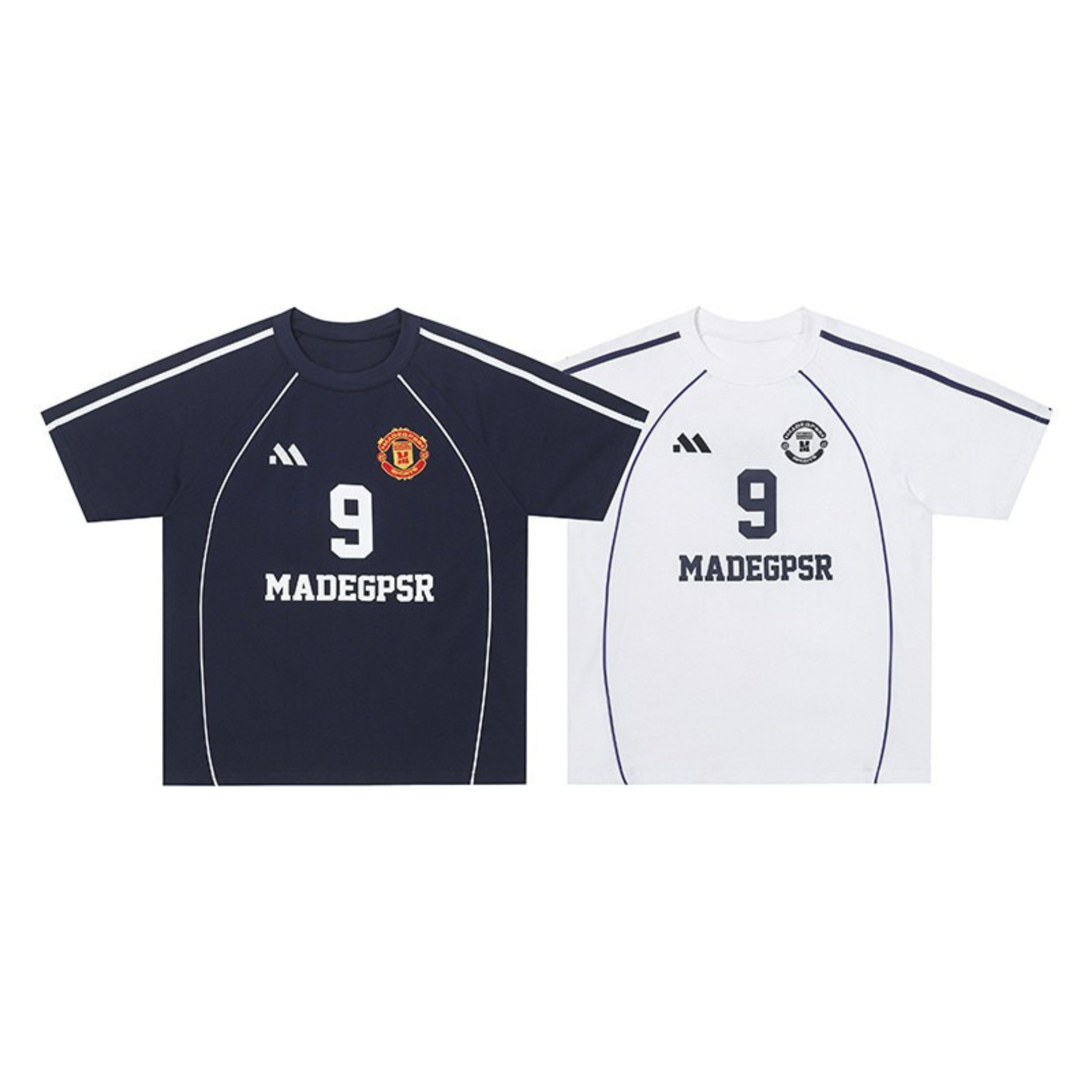 Navy and white Classic No. 9 football jersey t-shirts with panel lines and club crest graphic, laid flat on white background