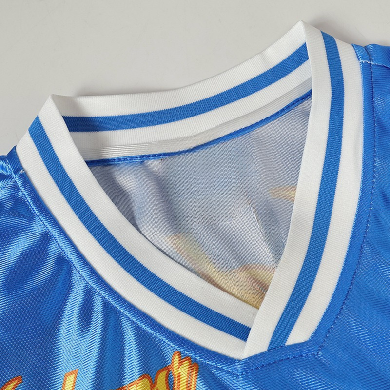 Blue varsity mesh football jersey with white striped collar and flame graphic detail, close-up neckline view