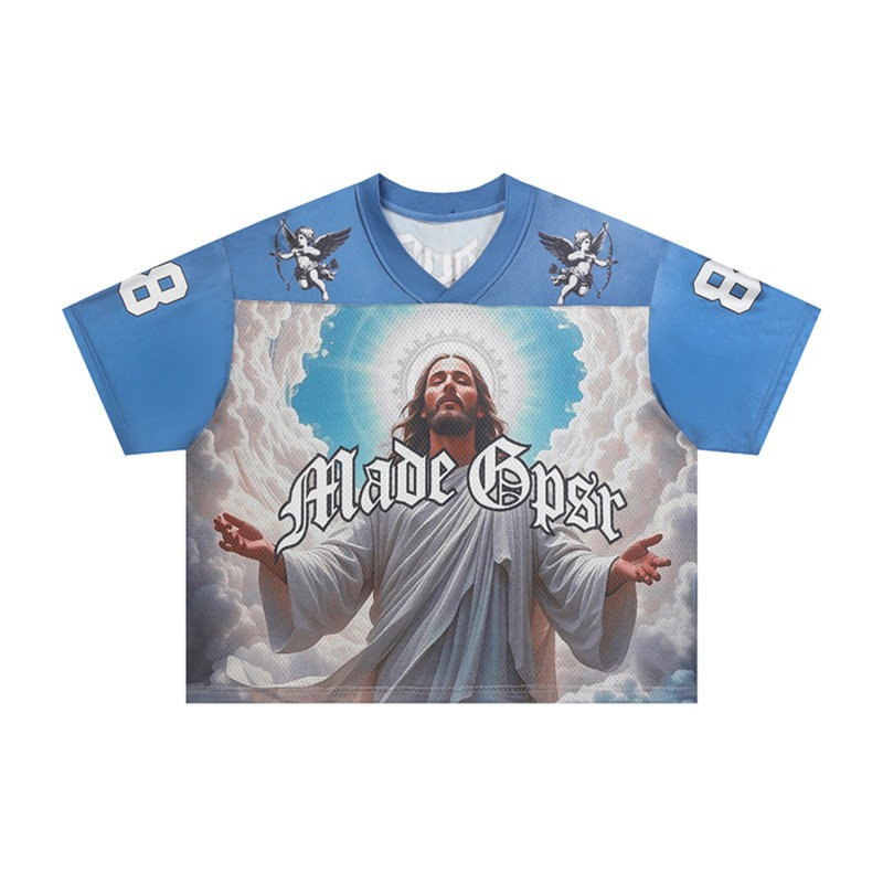 Blue football jersey with a Jesus graphic, angel accents, and Gothic-style lettering on the front and sleeves