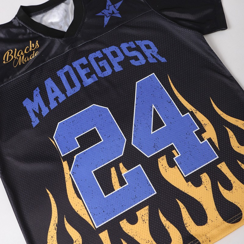 Black mesh football jersey with blue 24 graphic and yellow flame print, MadeGPSR streetwear top