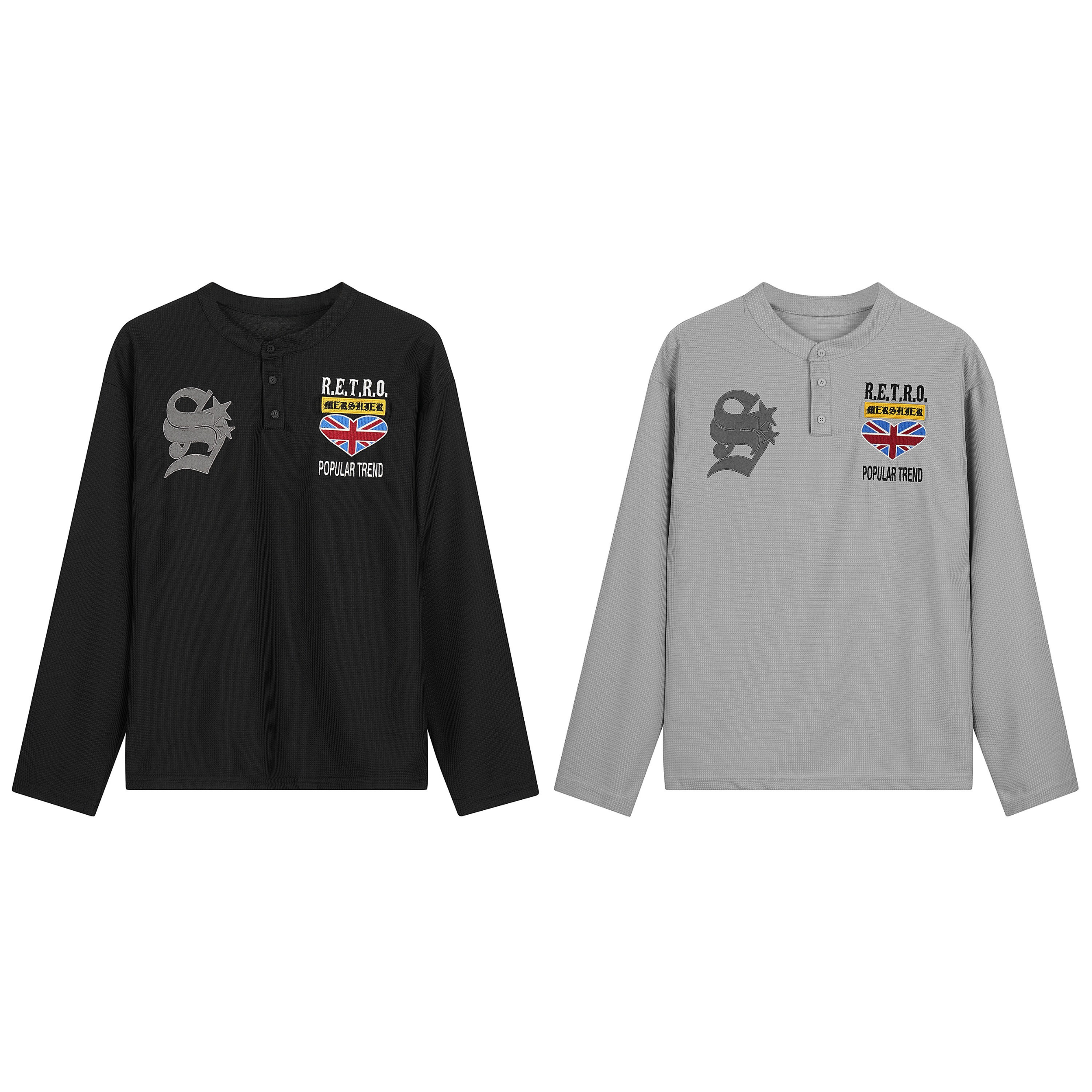 Black and grey retro henley long sleeve tees with gothic S graphic, R.E.T.R.O. patch, and Union Jack heart emblem on chest