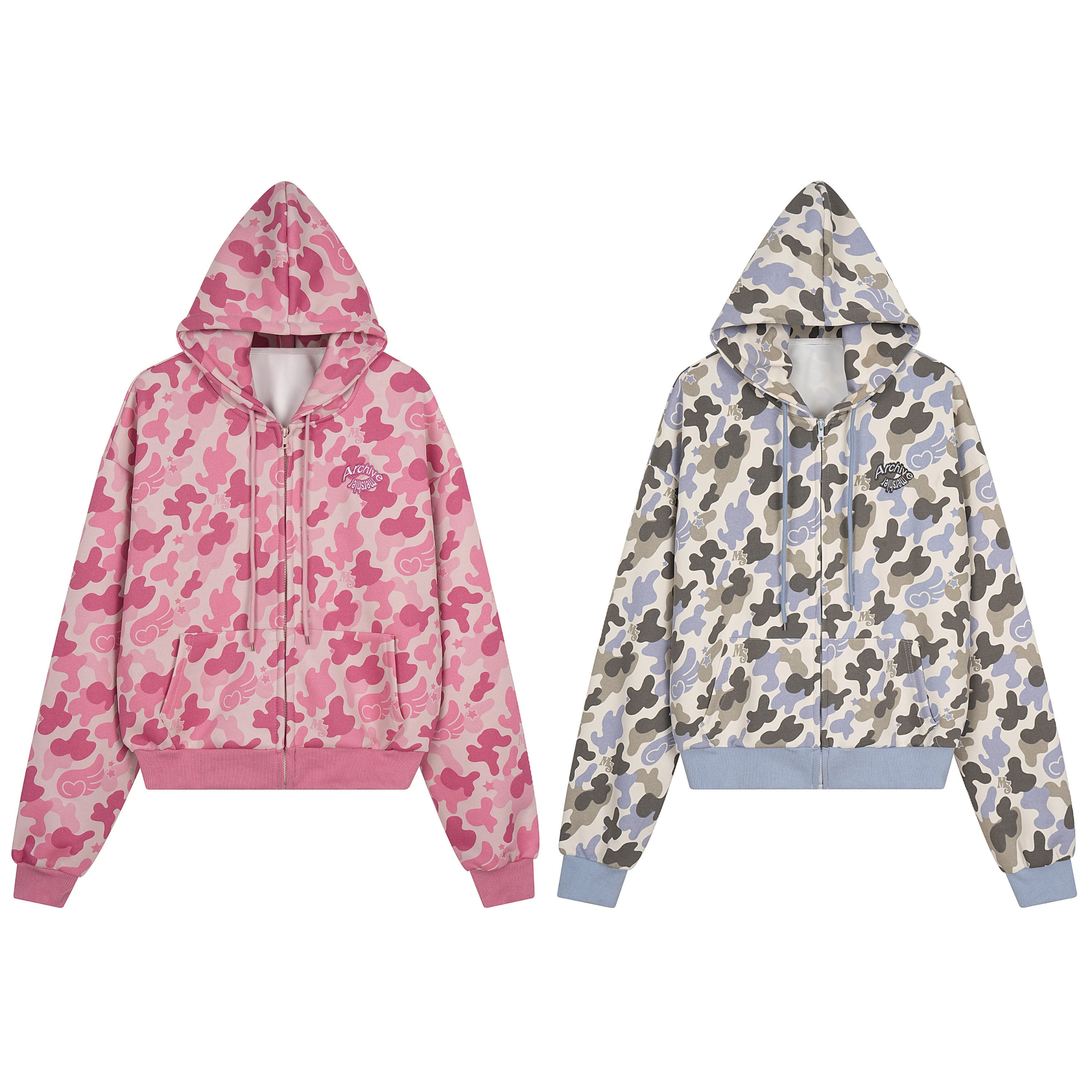 Pink all-over camo zip-up hoodie with Mickey-silhouette pattern, ribbed cuffs, and embroidered chest logo