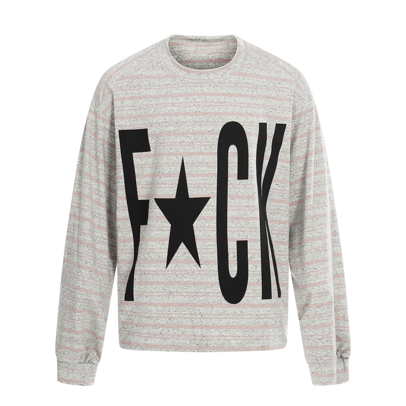 Front view of gray striped long sleeve crewneck tee with large black graphic print