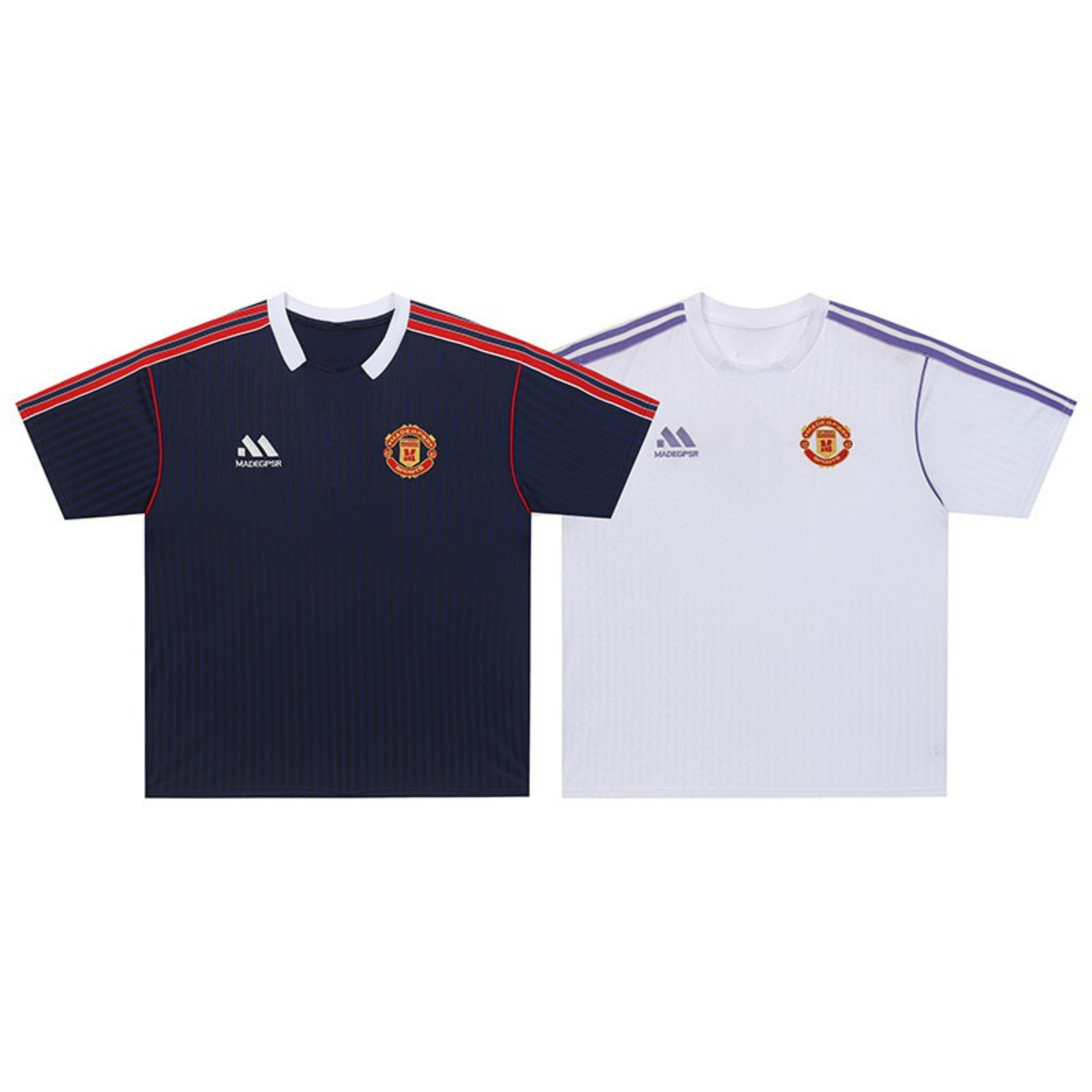 Navy and white crest performance soccer jerseys with pinstripe texture, contrast shoulder stripes, and club crest patch