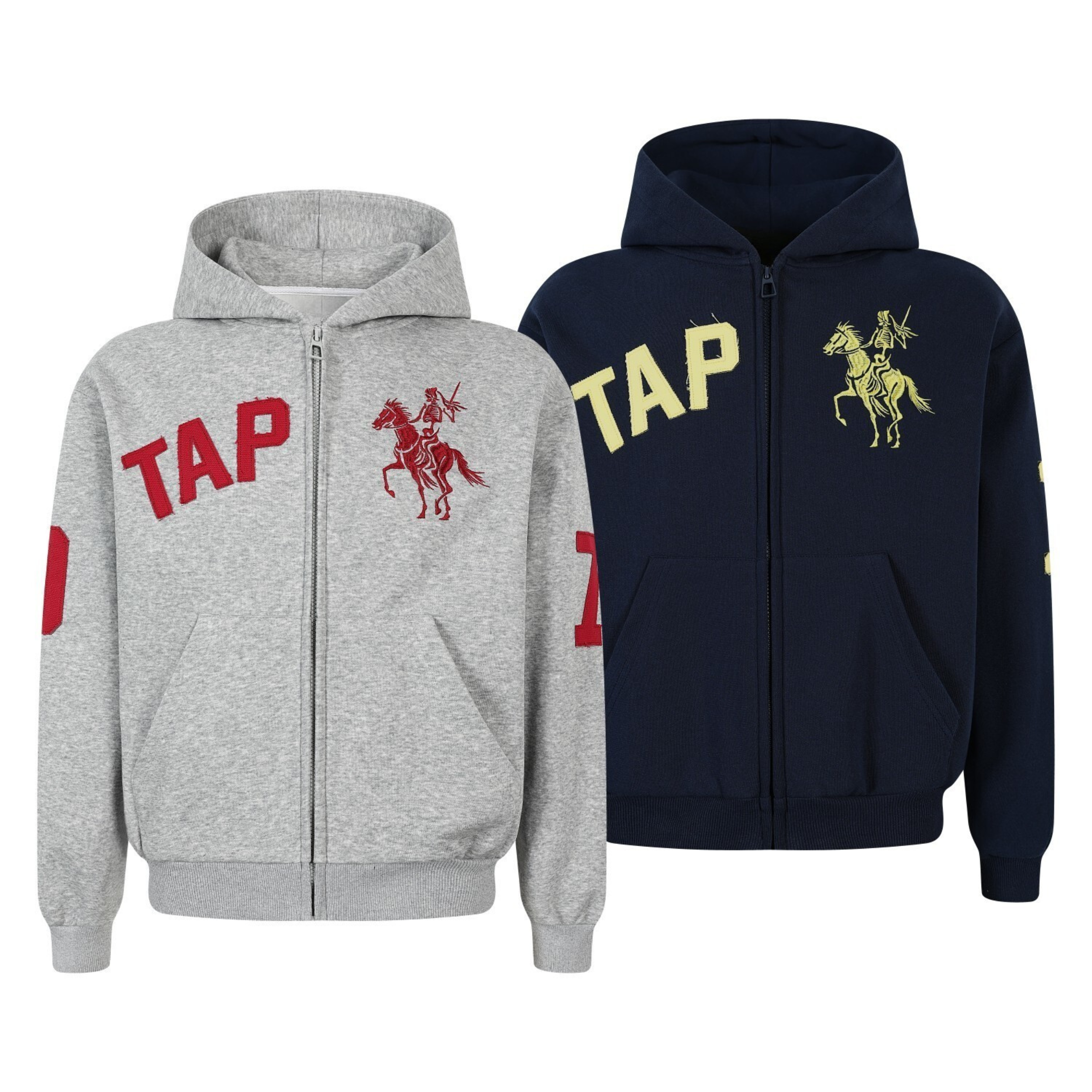 Heather grey zip-up hoodie with red varsity TAP lettering and skeleton warrior on horseback graphic