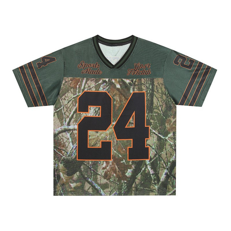 Green camo football jersey with black number 24 and orange trim on a V-neck streetwear sports shirt