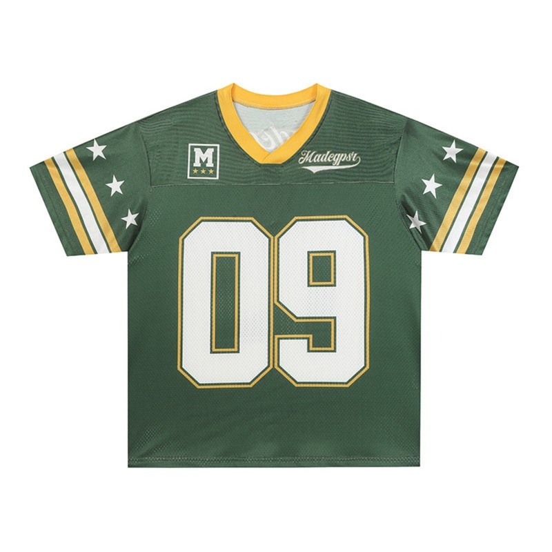 Green varsity football jersey with yellow trim, white number 09, and star accents on the sleeves