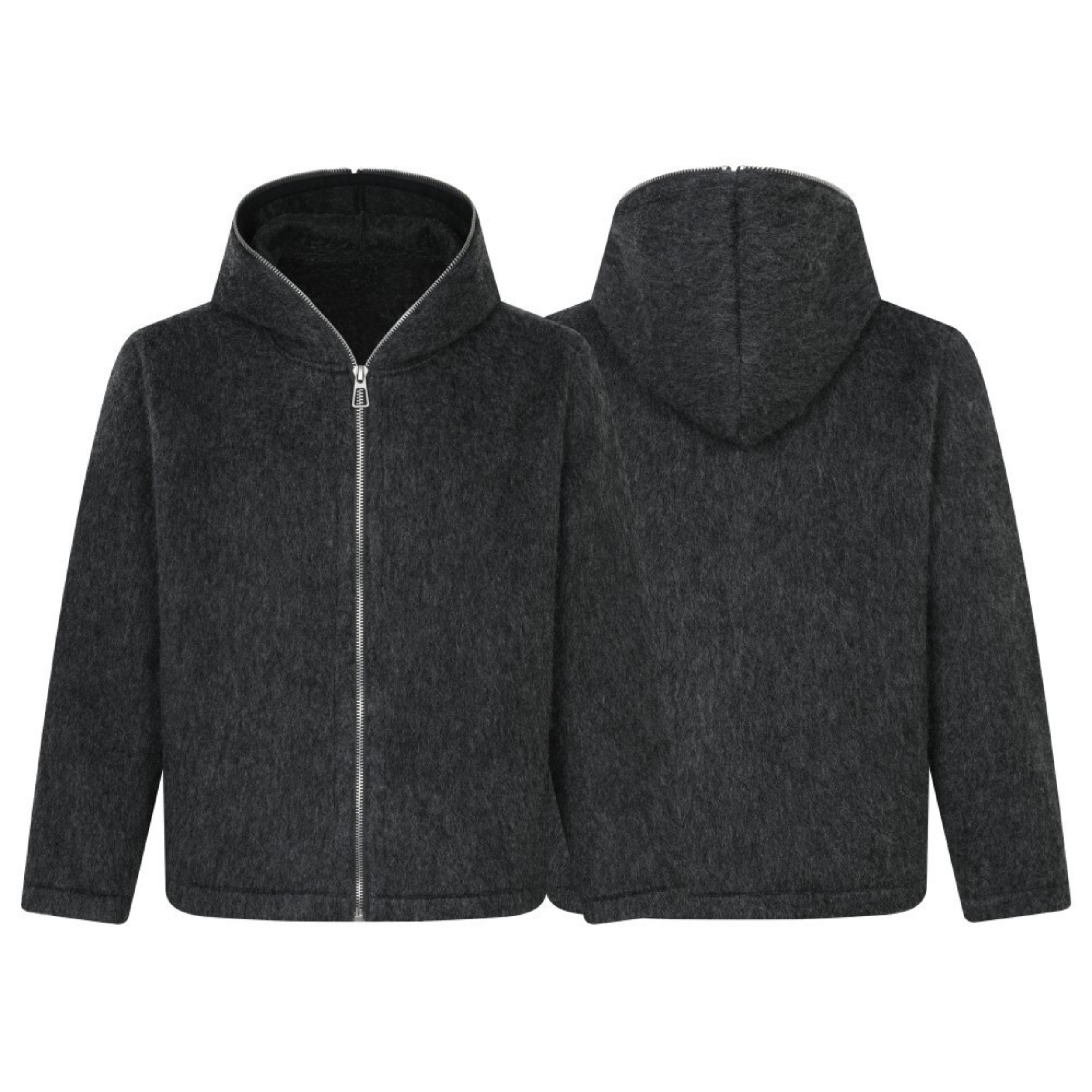 Charcoal wool-blend zip-up hooded jacket shown from front and back on a white background