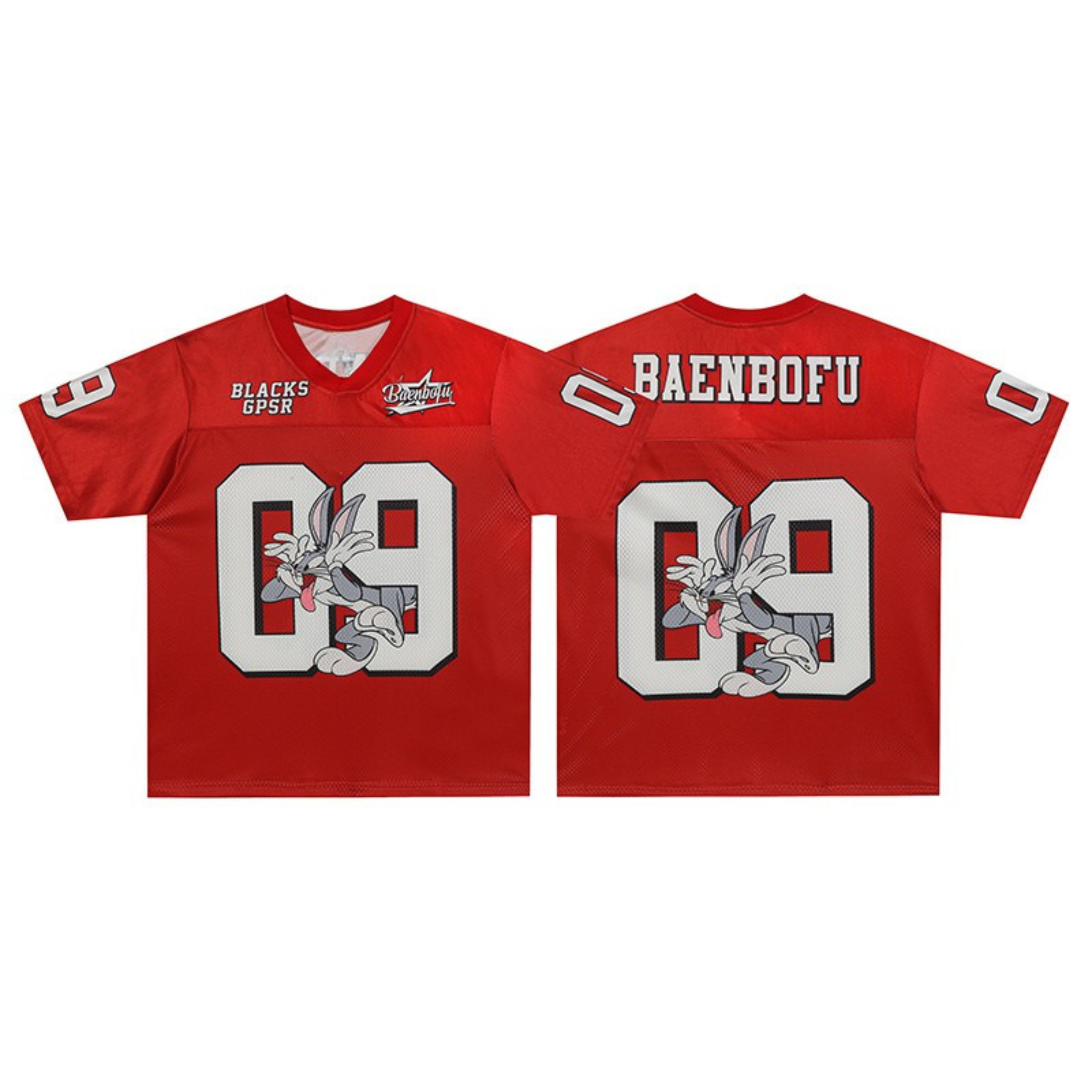 Red Bugs Bunny number 09 football jersey front and back view with cartoon graphic and BAENBOFU branding