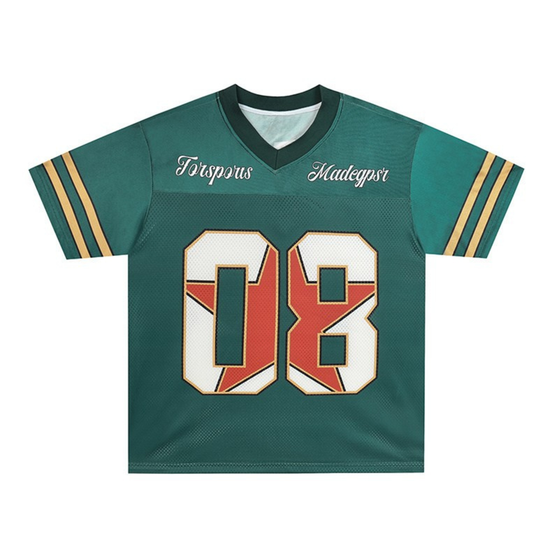 Green vintage club football jersey with V-neck, gold sleeve stripes, and large 08 graphic on front
