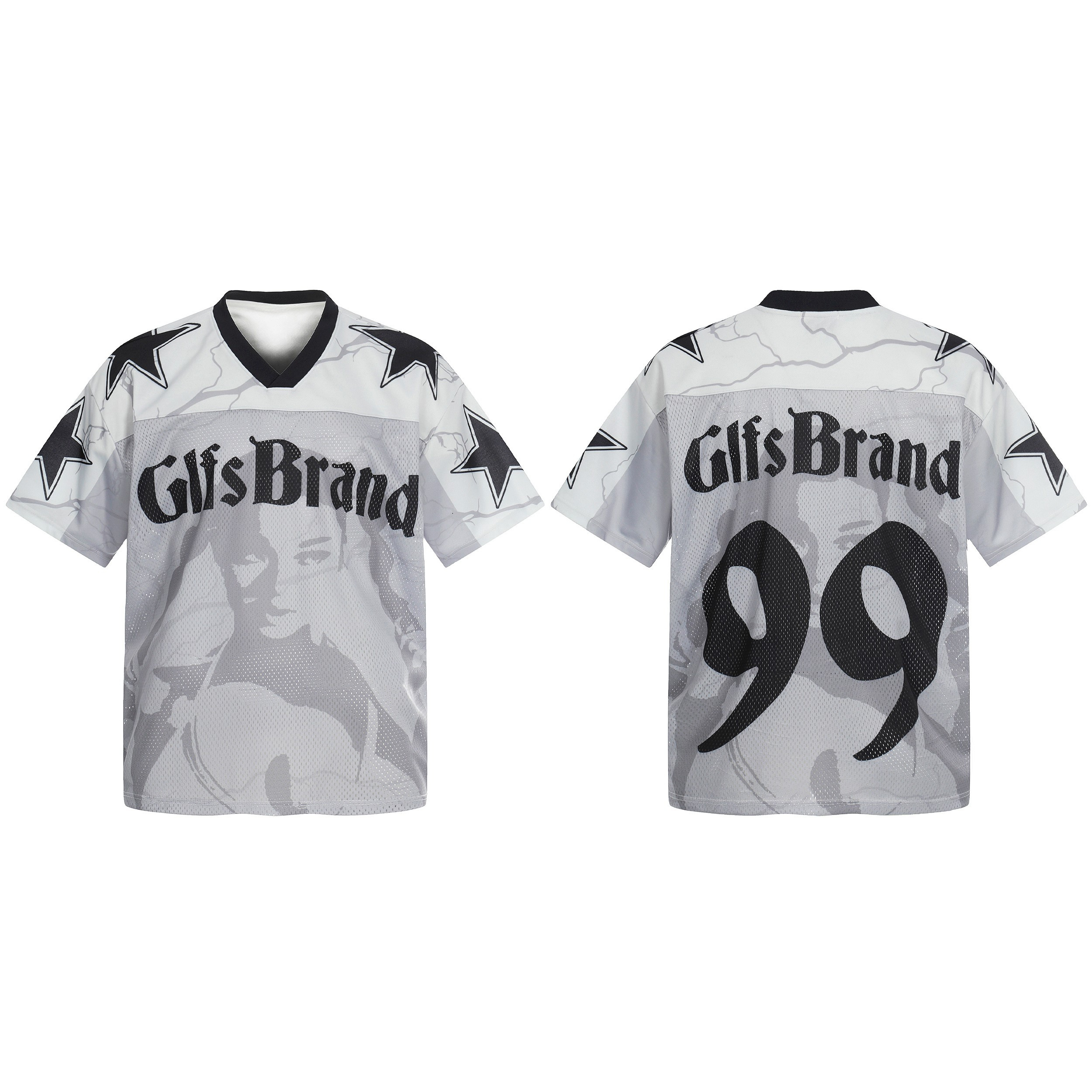 Front and back view of GlfsBrand white mesh football jersey with gothic logo, portrait graphic, star shoulder accents, and ov