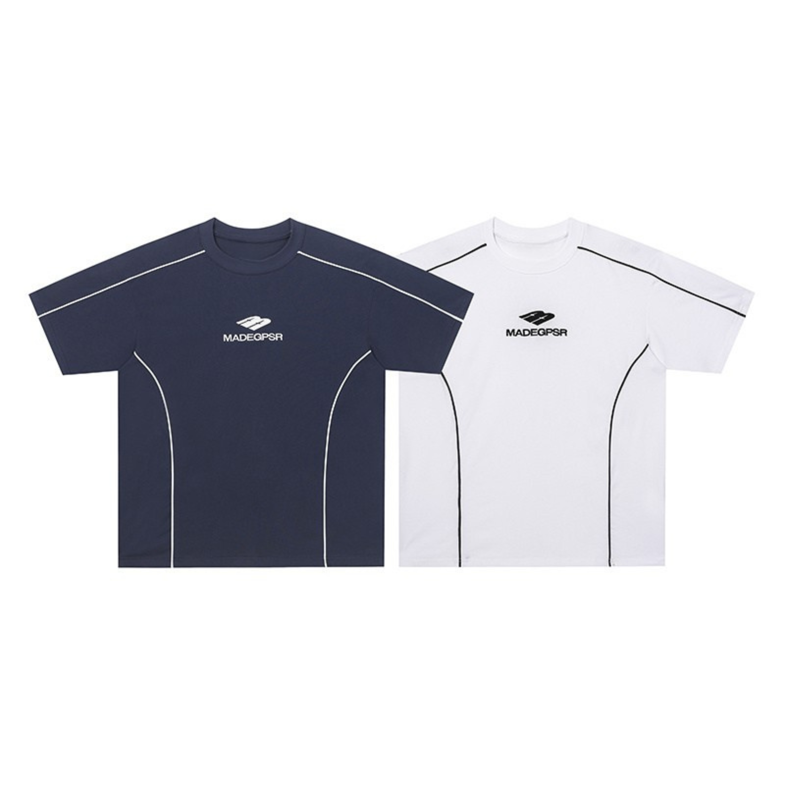 Navy and white Omirad Core Line Cotton Tees with contrast contour seam detailing and minimal chest logo, laid flat on white b
