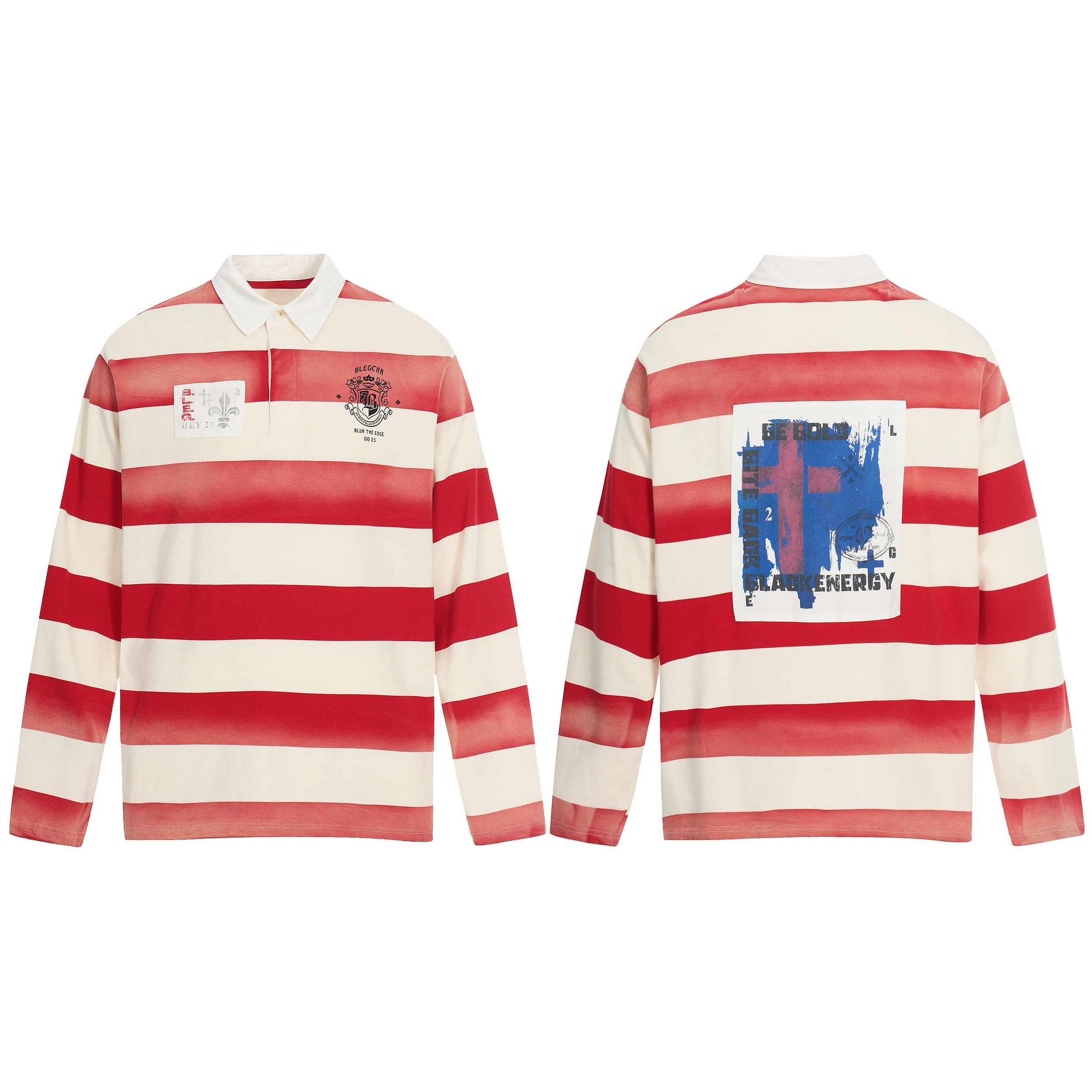 Men's red and cream striped long sleeve rugby polo shirt with embroidered crest logo and chest patch, front view