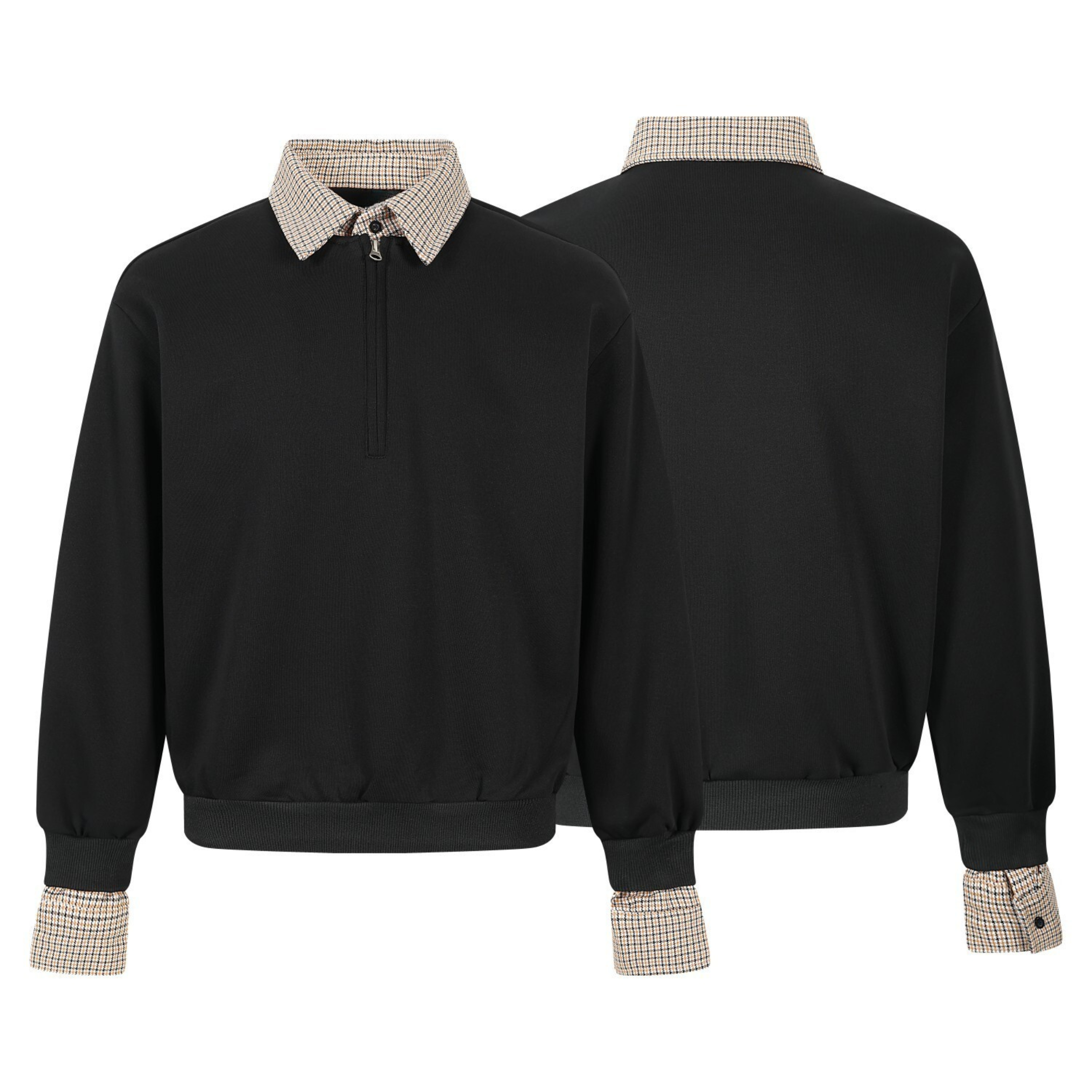 Layered Checkered Collar Half-Zip Pullover | Relaxed Fit