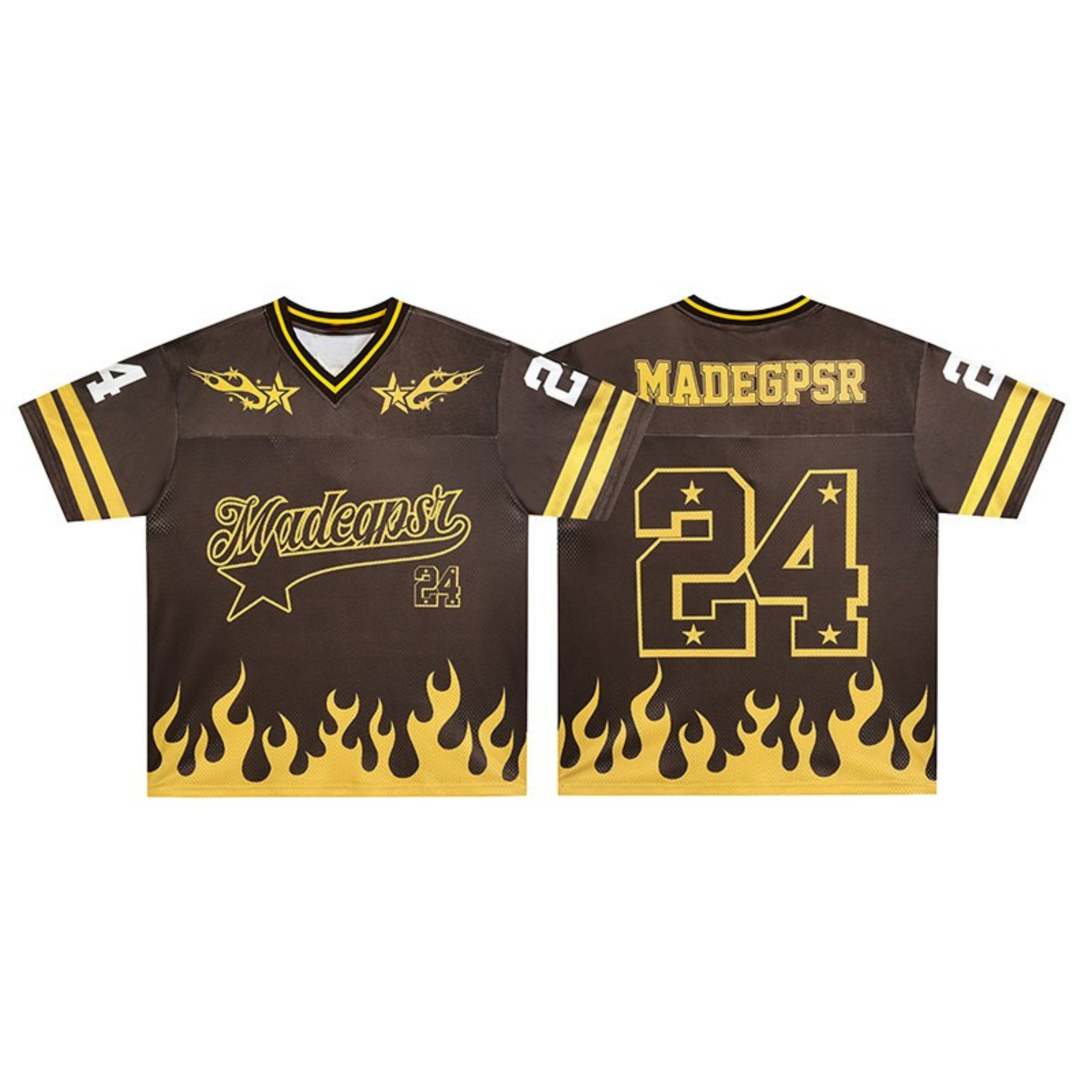 Brown and gold flame graphic varsity jersey showing front and back with number 24 and star accents
