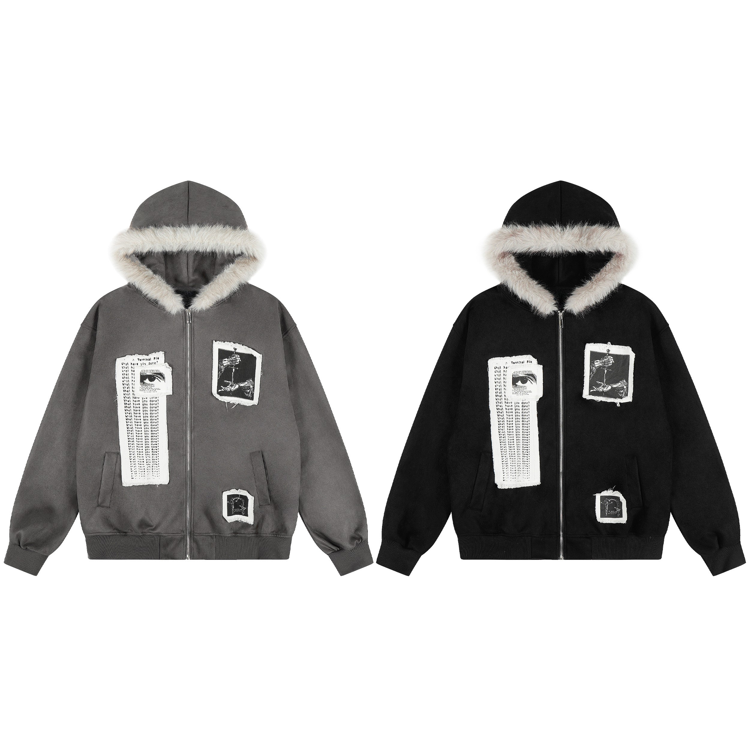 Oversized grey zip-up hoodie with faux-fur hood trim and collage graphic patches on the front