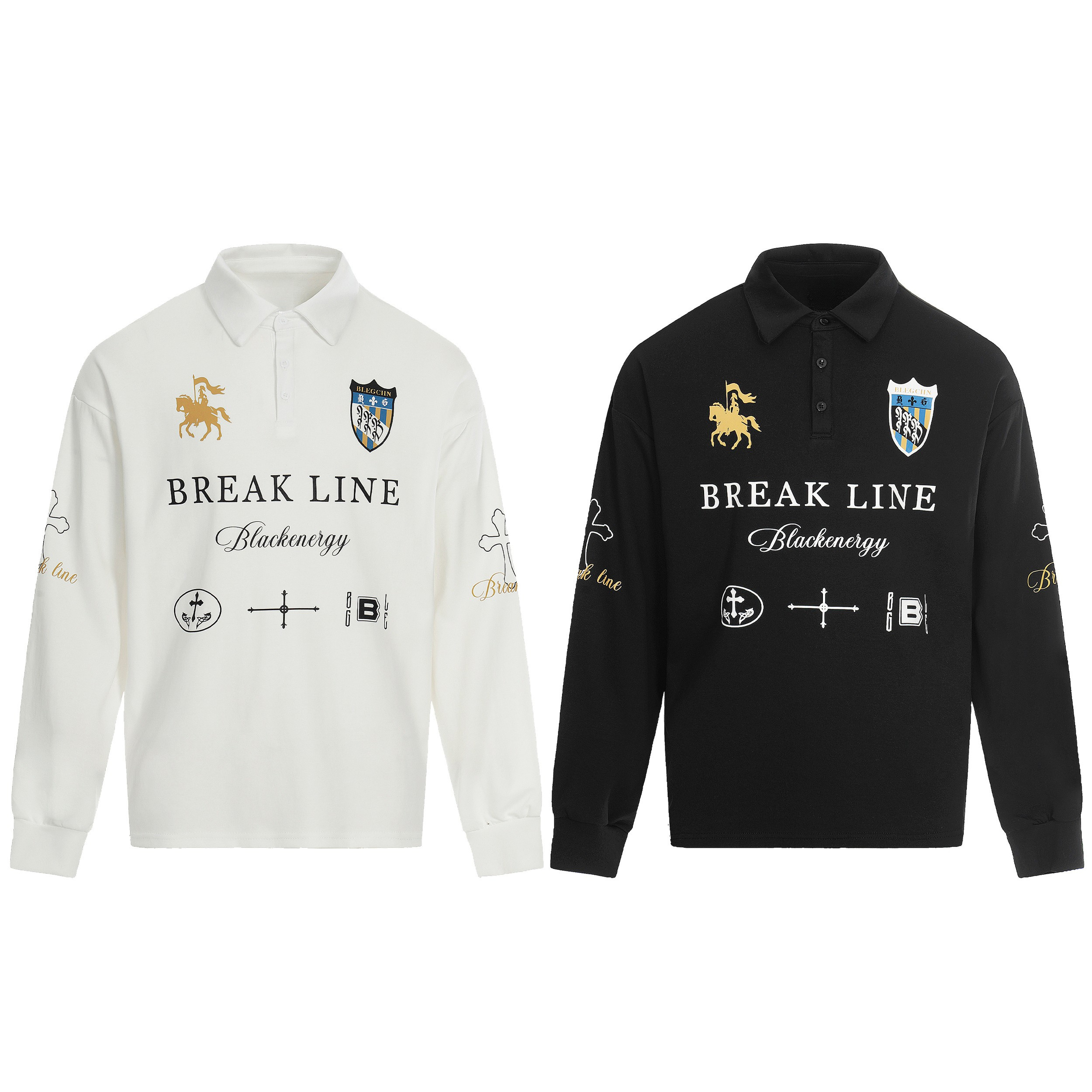 Omirad Break Line Graphic Long-Sleeve Polo Shirt in off-white with gold knight motif, heraldic crest, and typography print on
