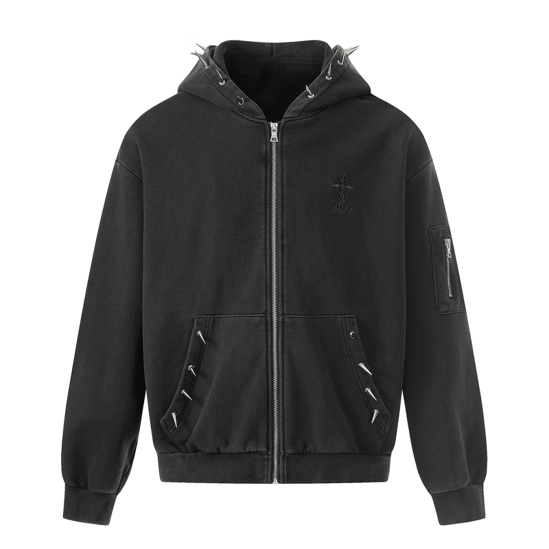 Black zip-up hoodie with silver spike-studded hood, front view