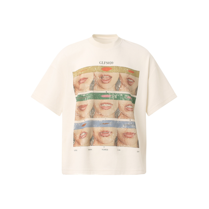 Cream oversized streetwear tee with colorful collage lip graphic and GLFS020 print on the chest