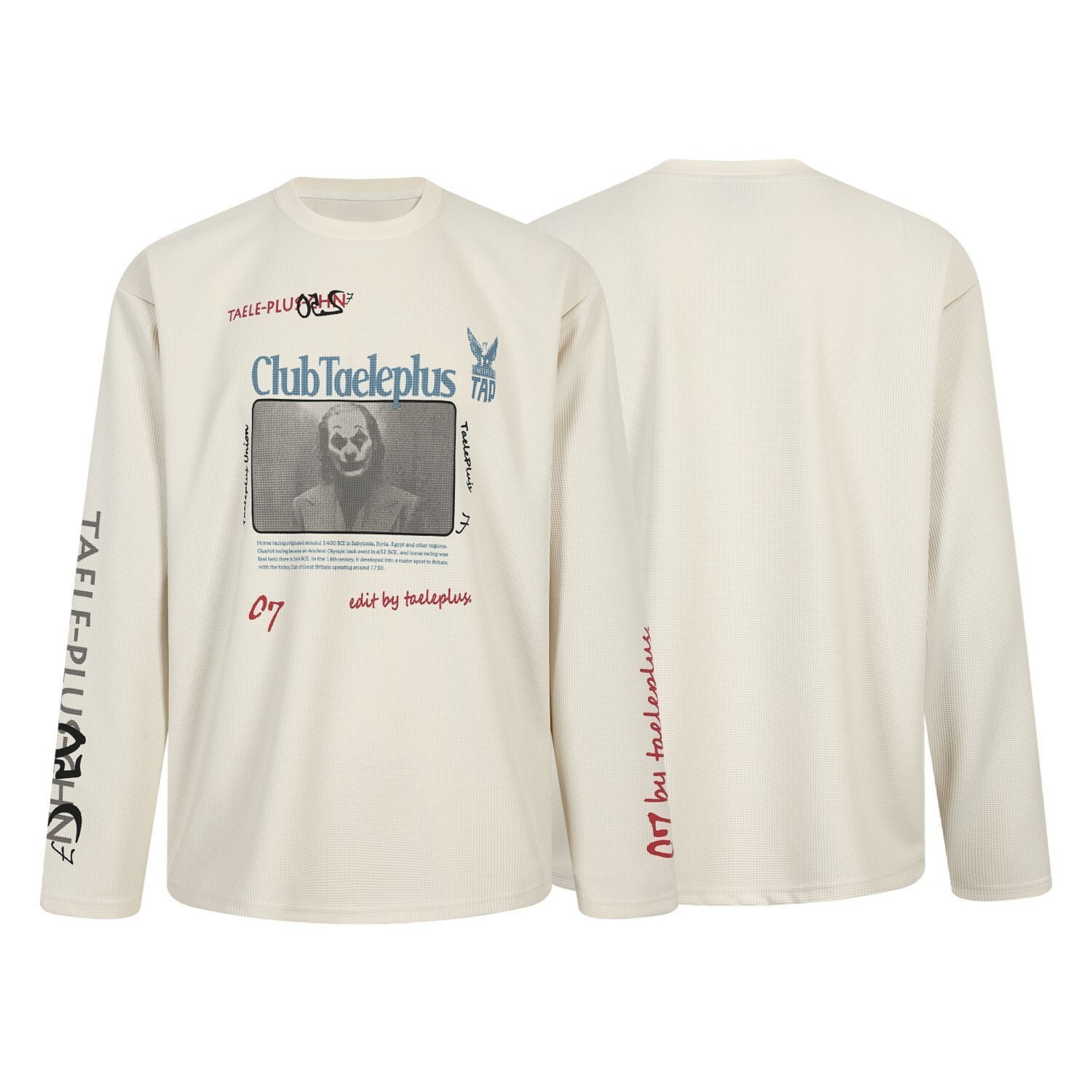 Off-white Club Taeleplus graphic long sleeve tee showing front halftone print and sleeve typography, front and back view