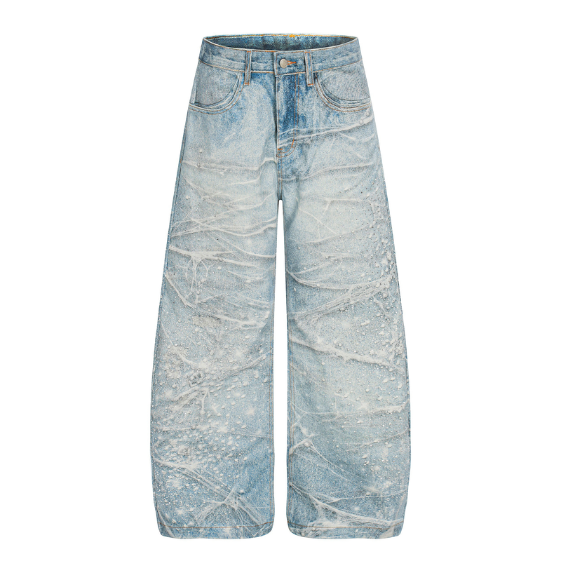 Front view of light blue wide-leg jeans with frosted spiderweb wash and five-pocket styling