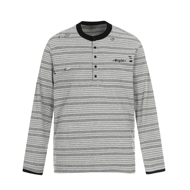 Gray striped Henley long sleeve tee with black collar, front view with distressed holes