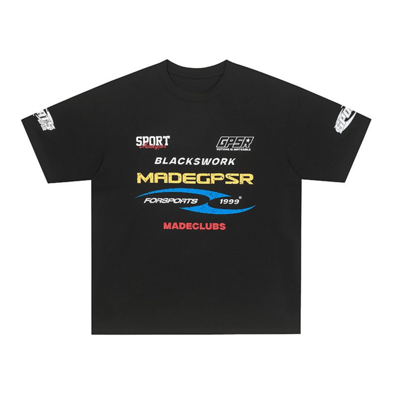 Black graphic cotton tee with racing-inspired logos and colorful motorsport print on the chest and sleeves
