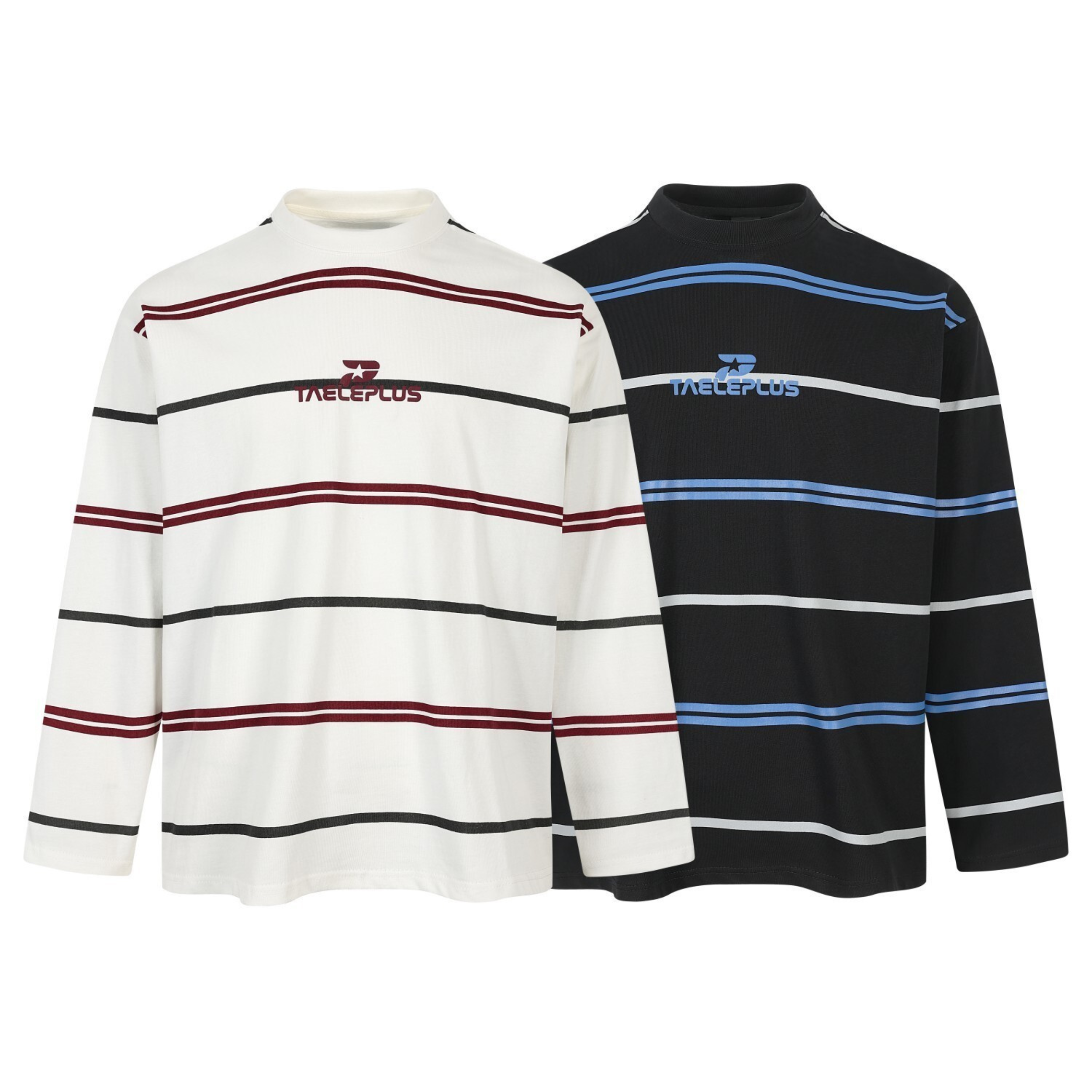 Off-white and black striped long sleeve mock neck tees with chest logo, shown side by side on white background