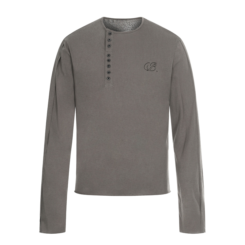 Brown long sleeve Henley T-shirt with button placket, front view