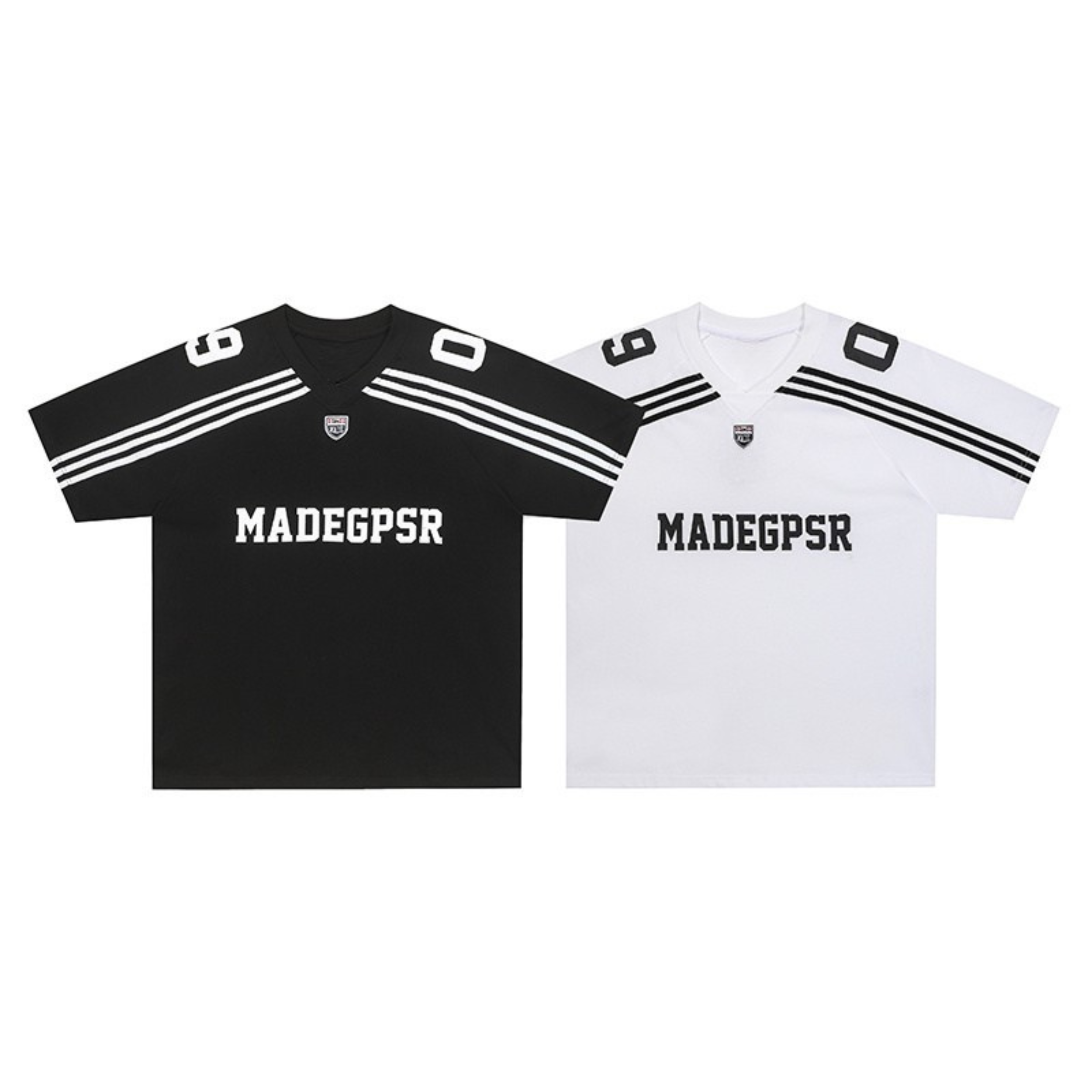 Black and white MADEGPSR football-inspired stripe cotton jerseys with shoulder stripe detailing and bold chest logo