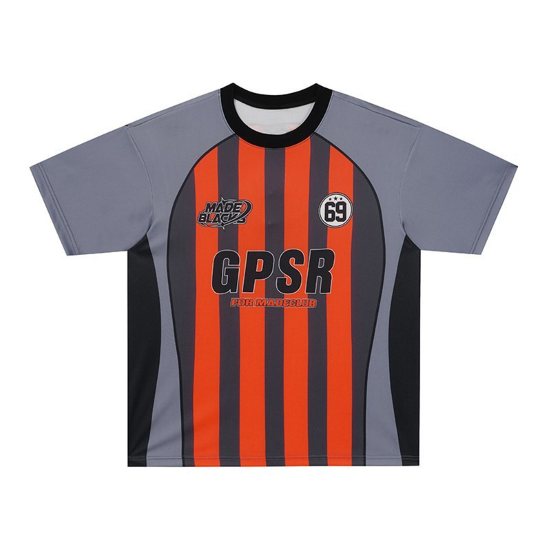 Gray and black performance football jersey with orange vertical stripes, GPSR graphic, and No. 69 badge