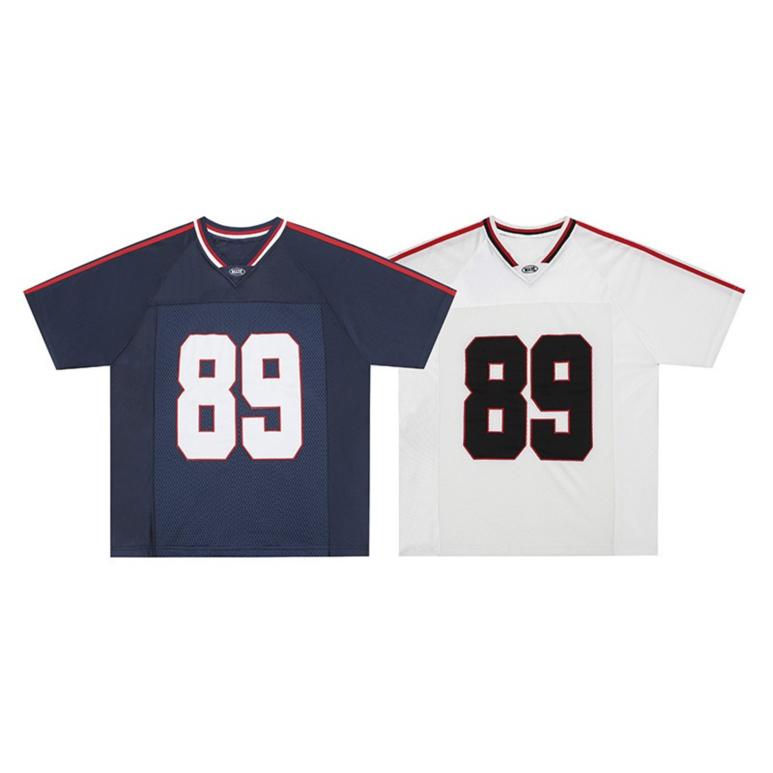 Navy and white oversized number 89 graphic football jerseys with red contrast trim and V-neck collar, laid flat on white back