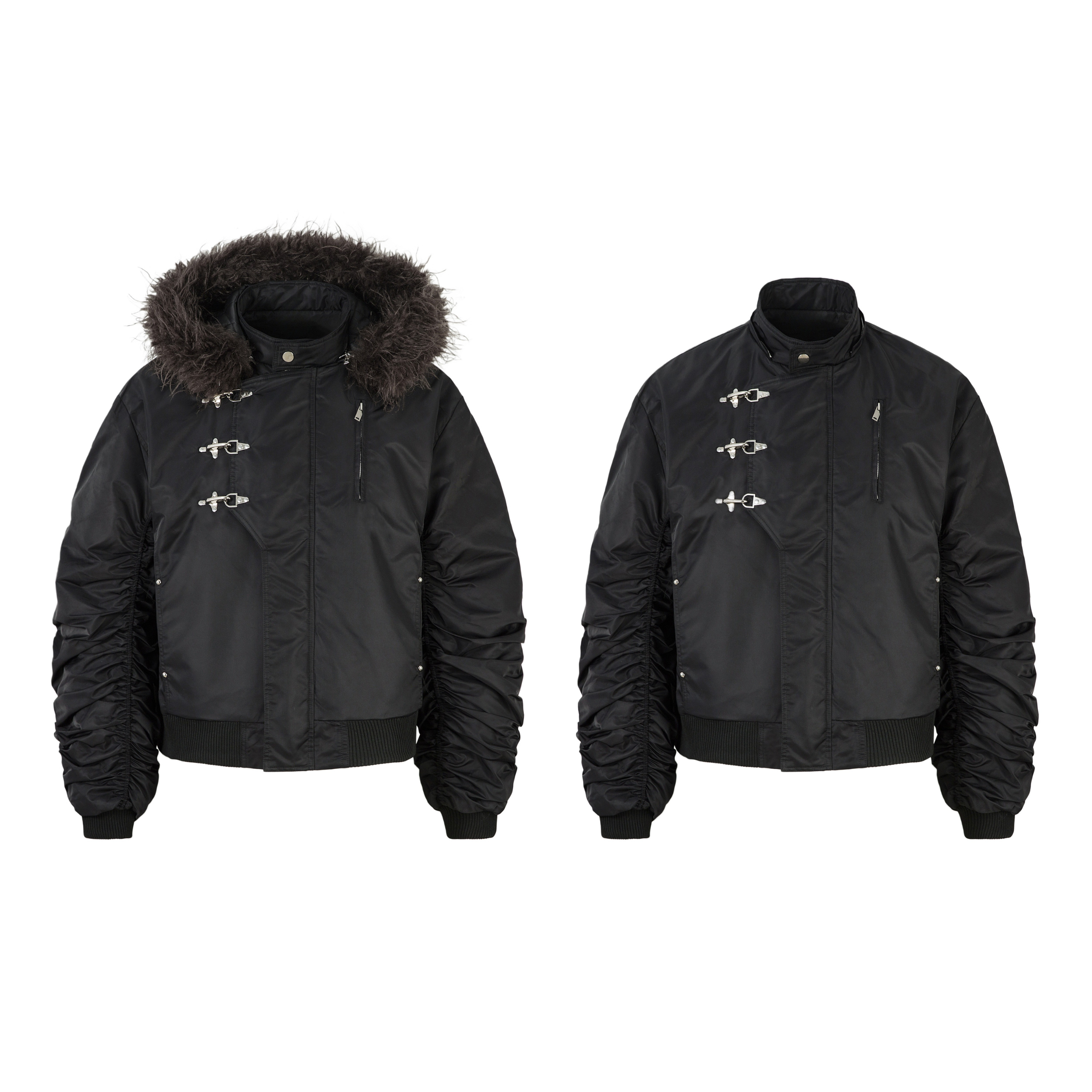 Black insulated bomber jacket with detachable faux-fur hood, metal toggle-lock closures, and ruched sleeves, shown front view