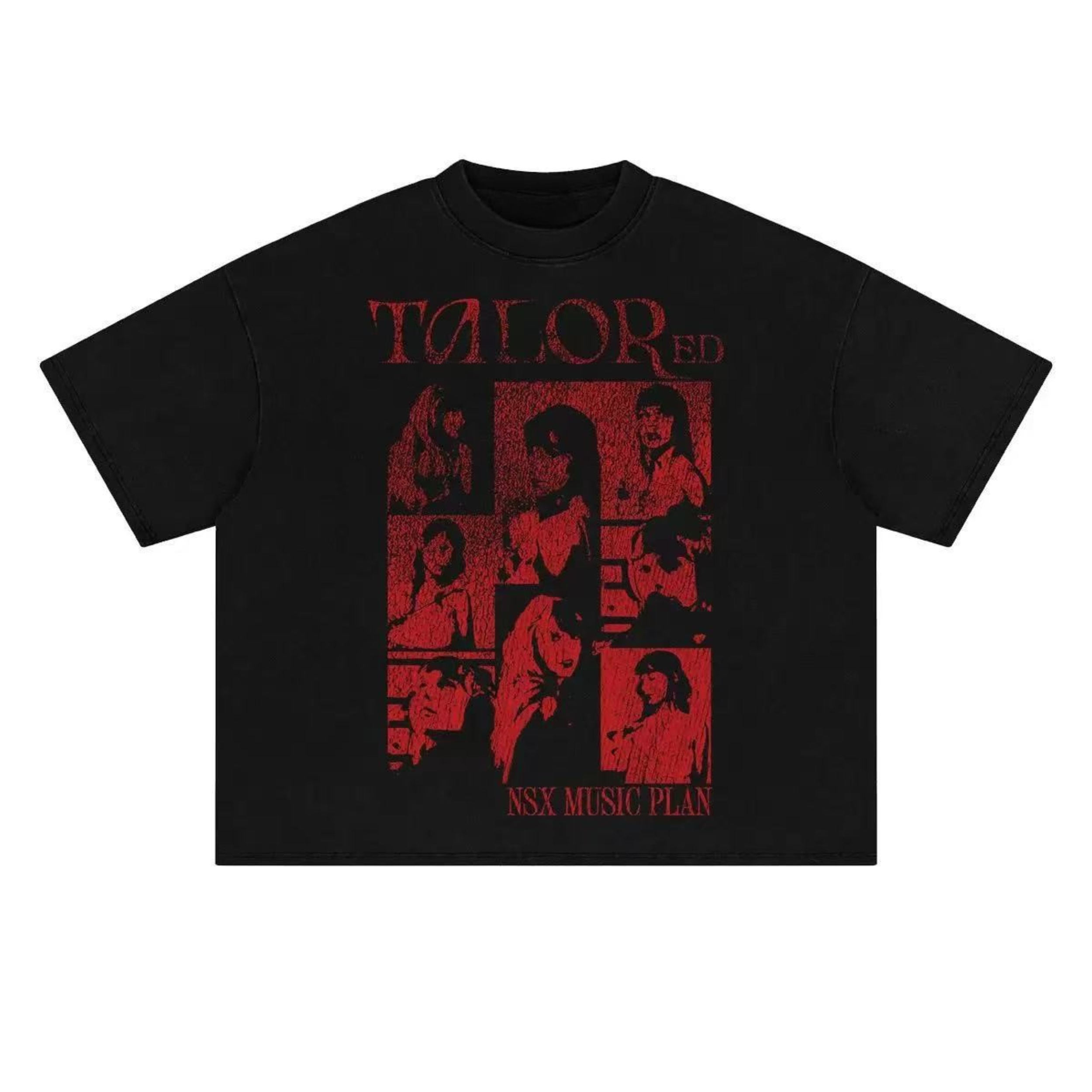 Black oversized cotton t-shirt with distressed red vintage multi-panel graphic print and TAYLORed text on front