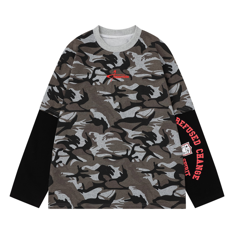 Front view of gray camo long sleeve tee with black sleeves and red Assemble chest logo