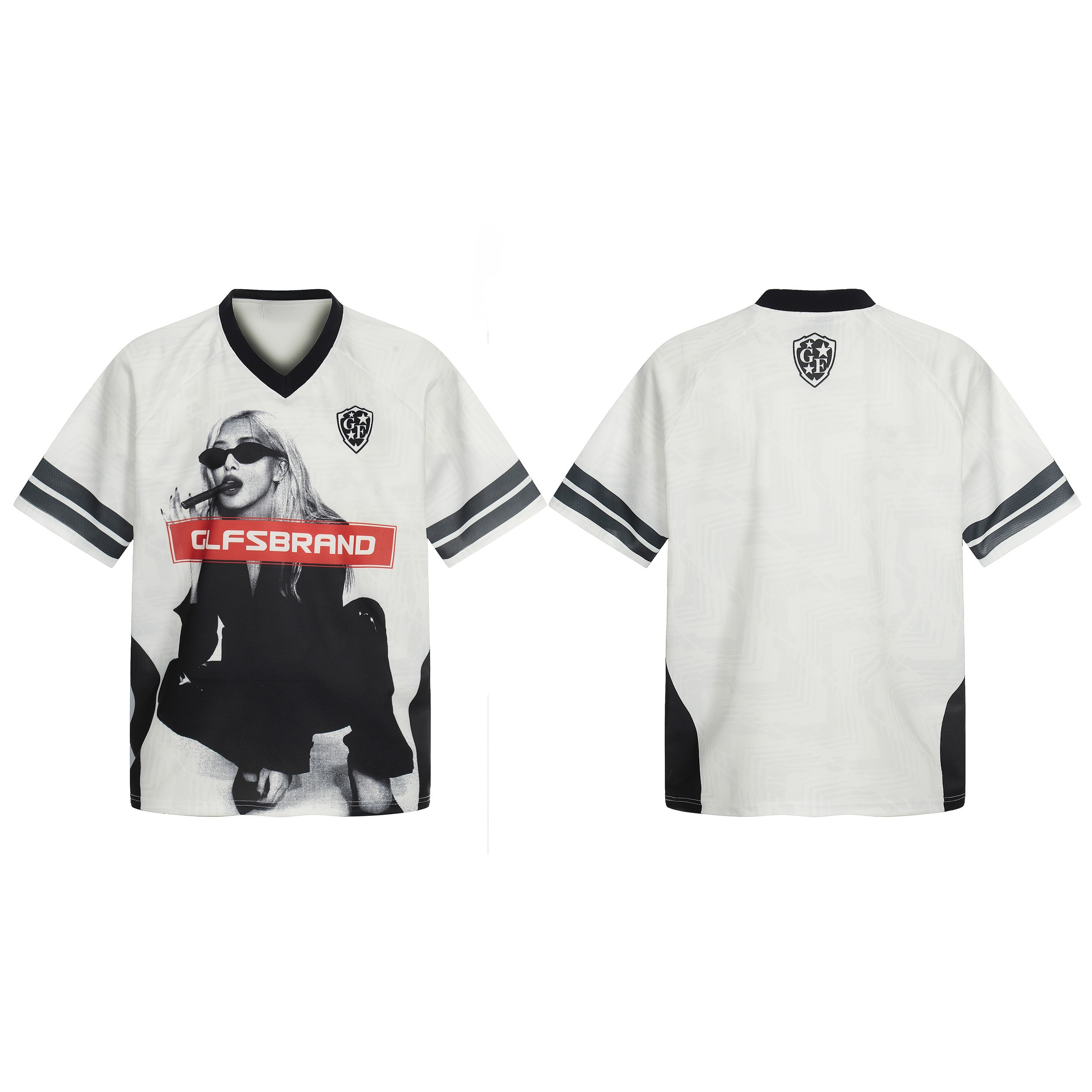 White performance mesh soccer jersey with black-and-white portrait graphic and red GLFSBRAND logo bar on the front