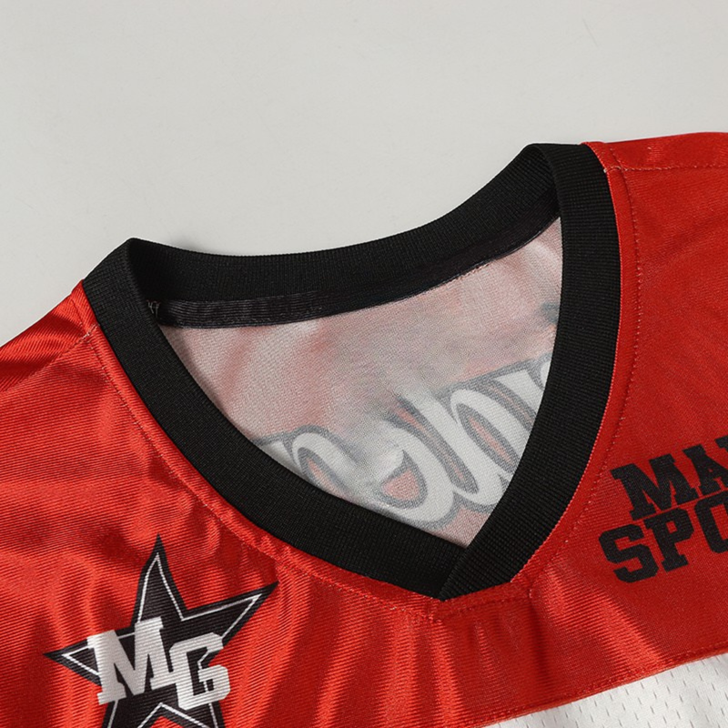 Red varsity football jersey with black V-neck trim and star logo, featuring bold streetwear lettering and mesh neckline detail