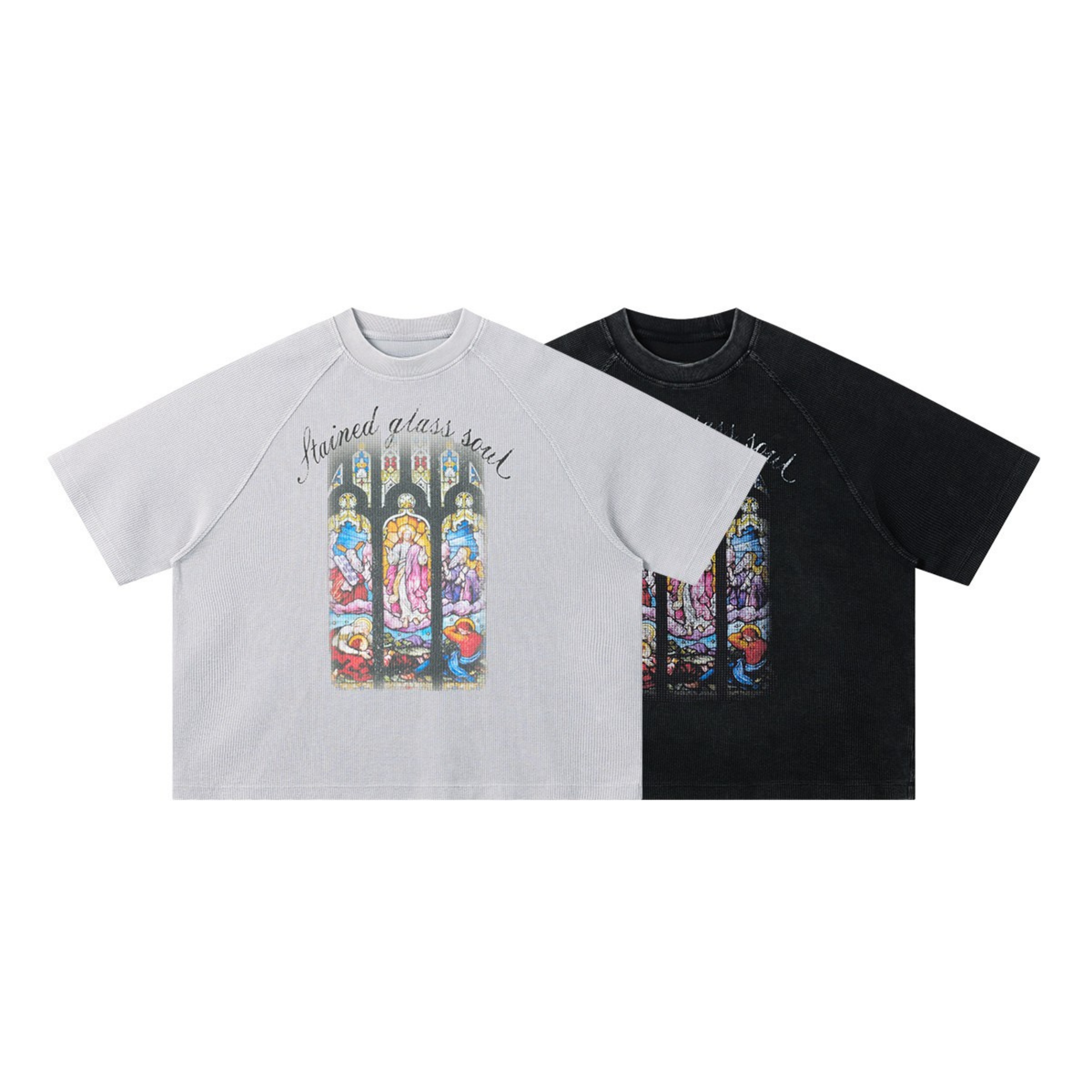 Washed grey oversized t-shirt with stained glass window graphic print and cursive Stained Glass Soul text on chest
