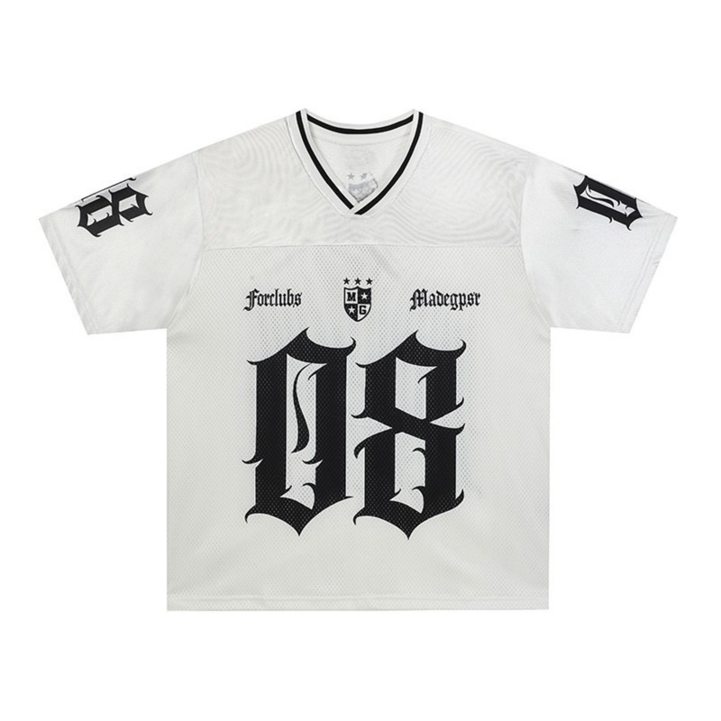 White oversized mesh varsity jersey with black gothic 08 graphics and V-neck trim
