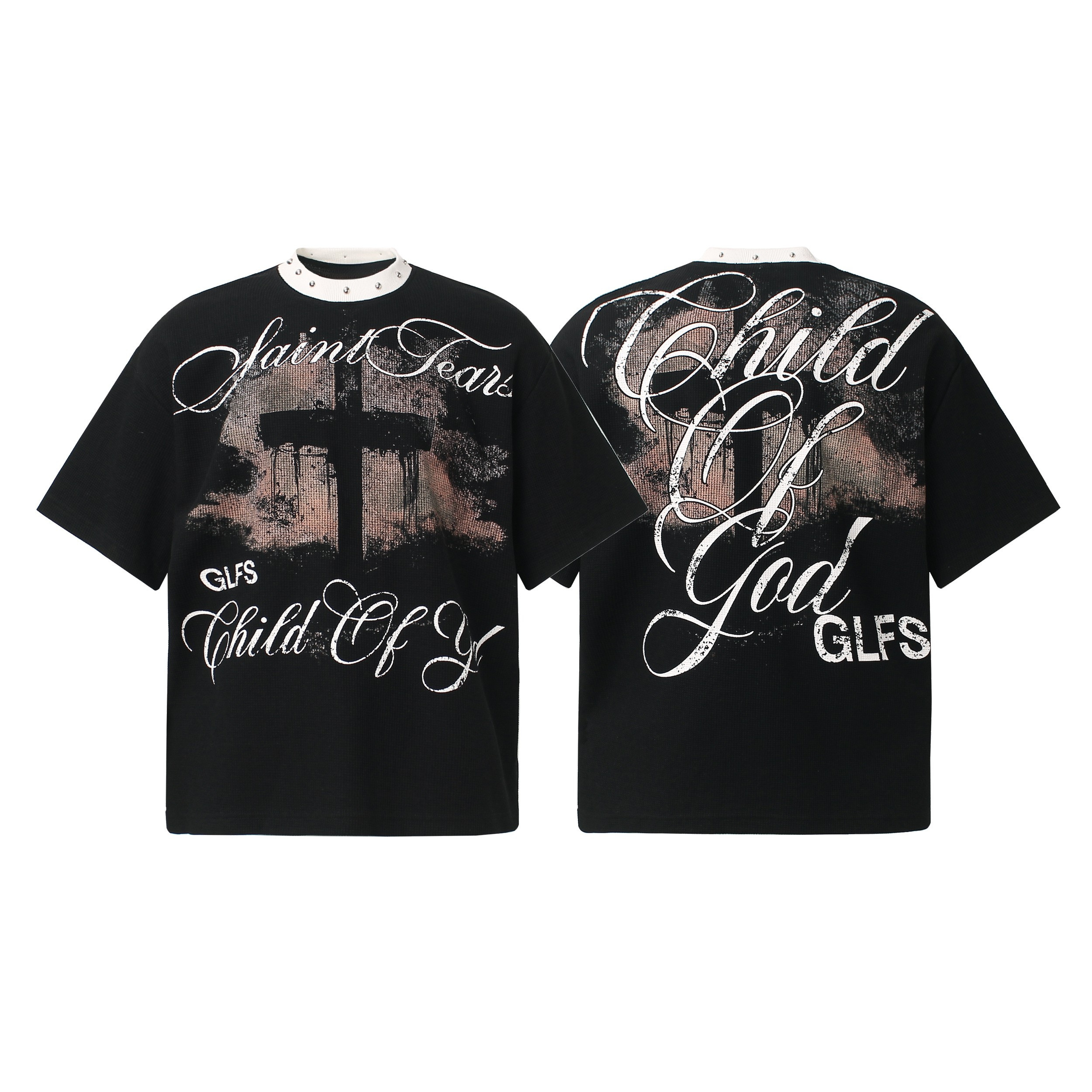 Black oversized graphic tee showing front and back with gothic cross artwork, Saint Tears and Child Of God script print, and