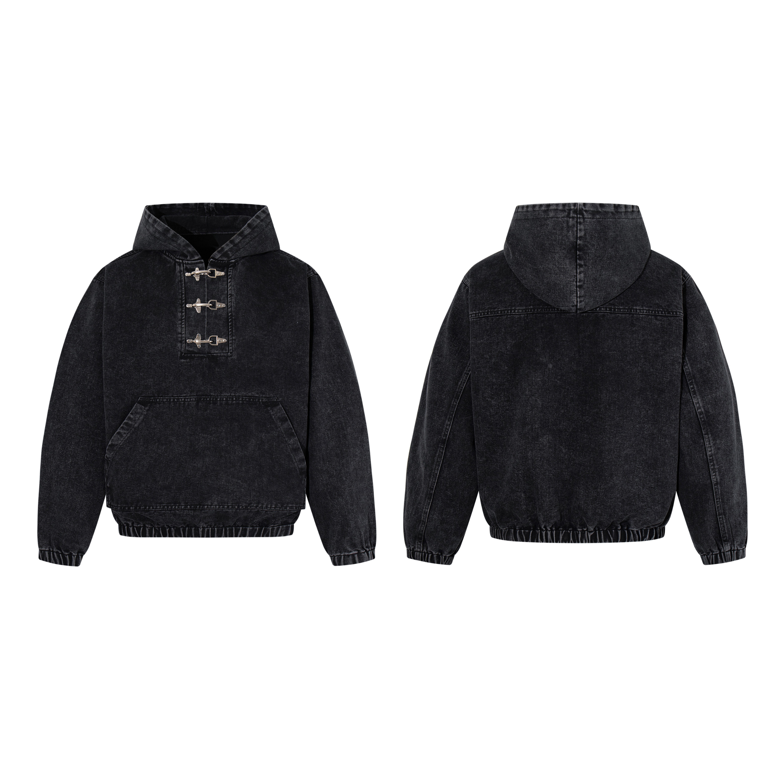 Front and back view of a faded black washed denim hoodie with three metal toggle closures and a kangaroo pocket