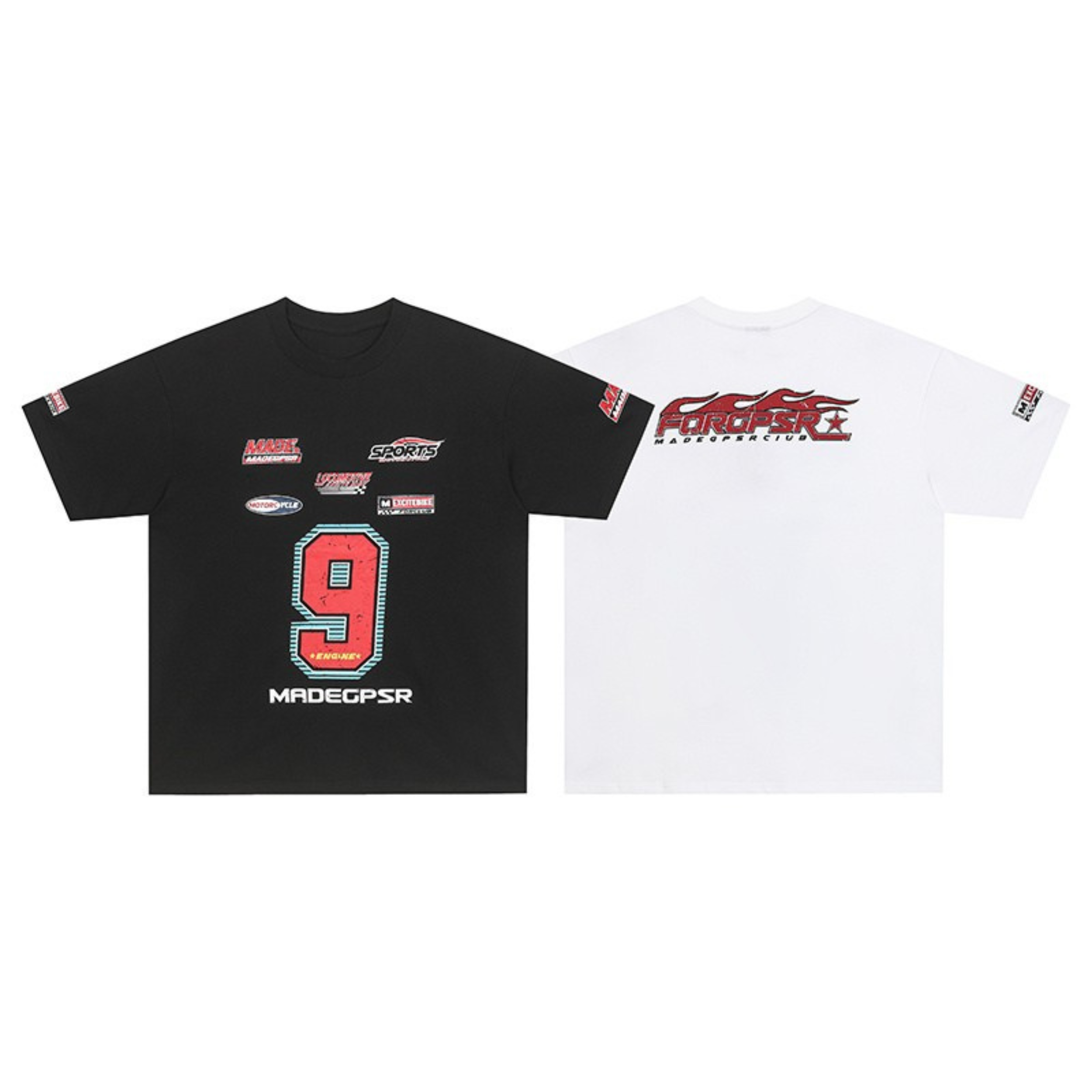 Black MADEGPSR racing graphic t-shirt with bold red Number 9 print and multi-logo sponsor design on front