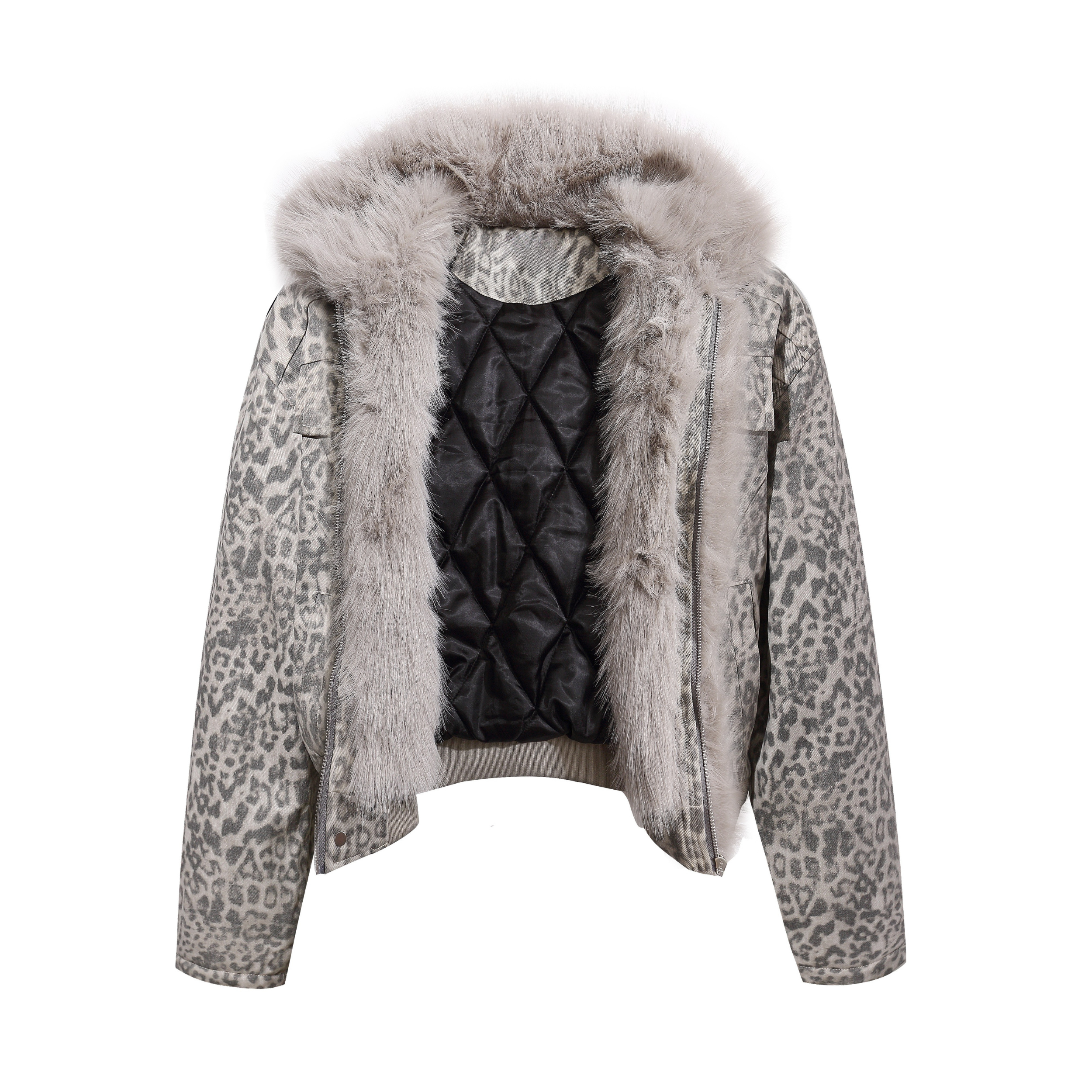 Leopard Print Faux Fur Collar Bomber Jacket | SEAKOFF