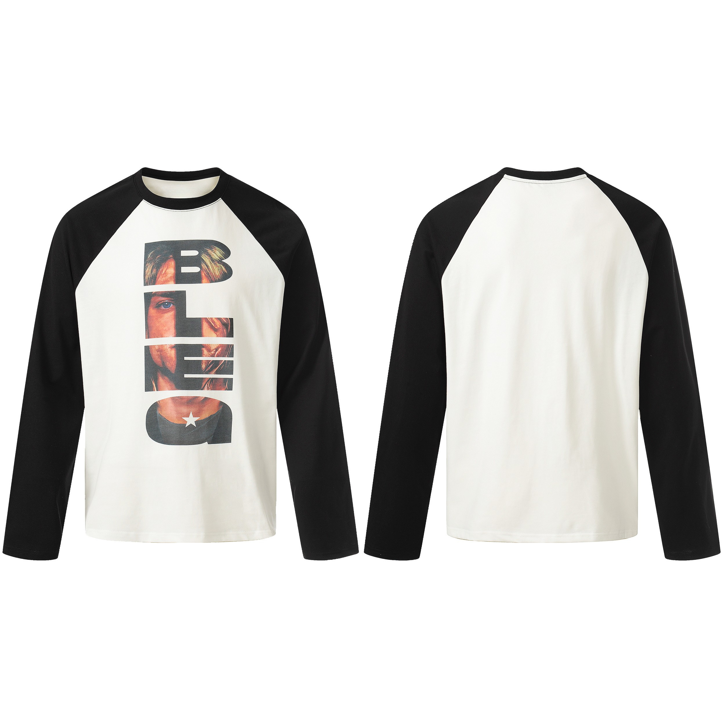 Off-white and black raglan long sleeve tee with bold vertical graphic portrait print on the front, shown front and back