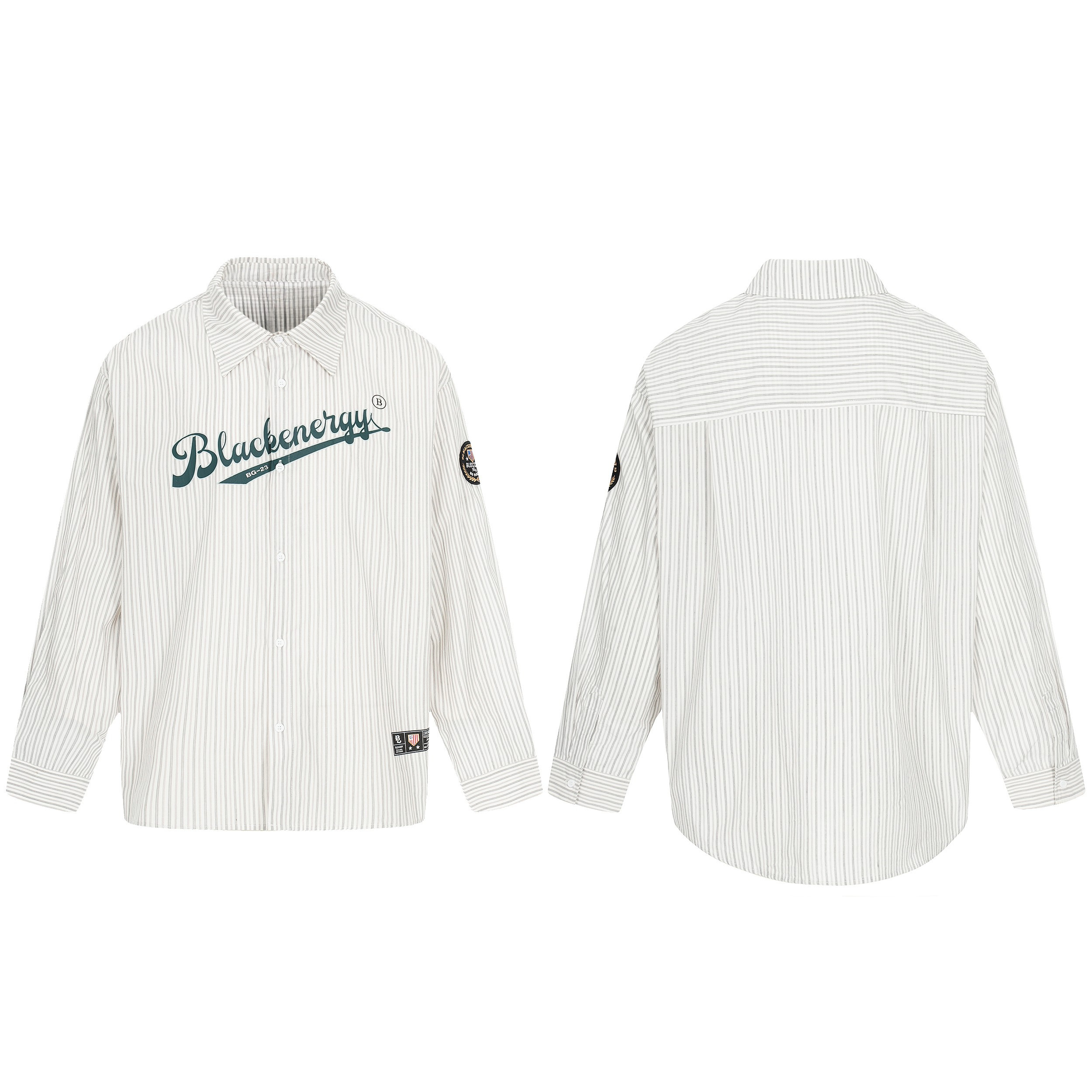 White pinstripe button-up shirt with green cursive Blackenergy chest graphic, sleeve patch badge, front and back view