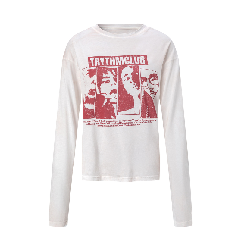 White long sleeve tee with red TRYTHMCLUB front graphic and layered punk faces