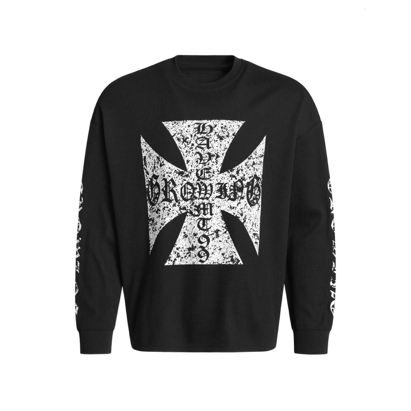 Black waffle-knit sweatshirt with distressed white gothic cross graphic, front view
