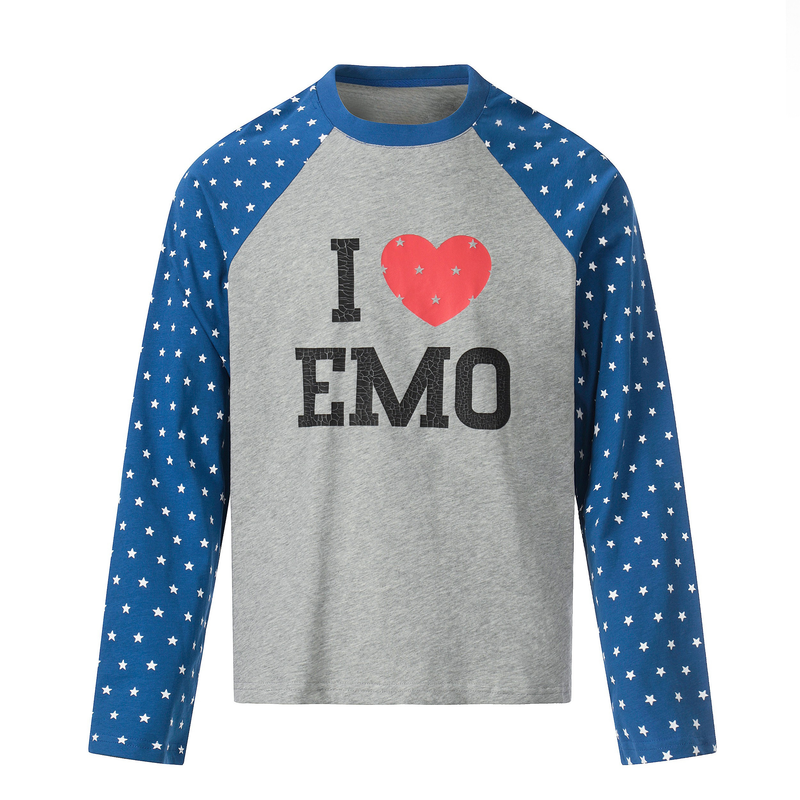 Gray raglan long sleeve tee with blue star-print sleeves and I Love EMO front graphic