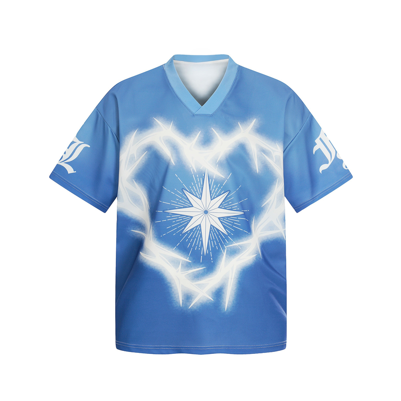 Blue mesh football jersey with a white starburst graphic and V-neck streetwear design on a white background